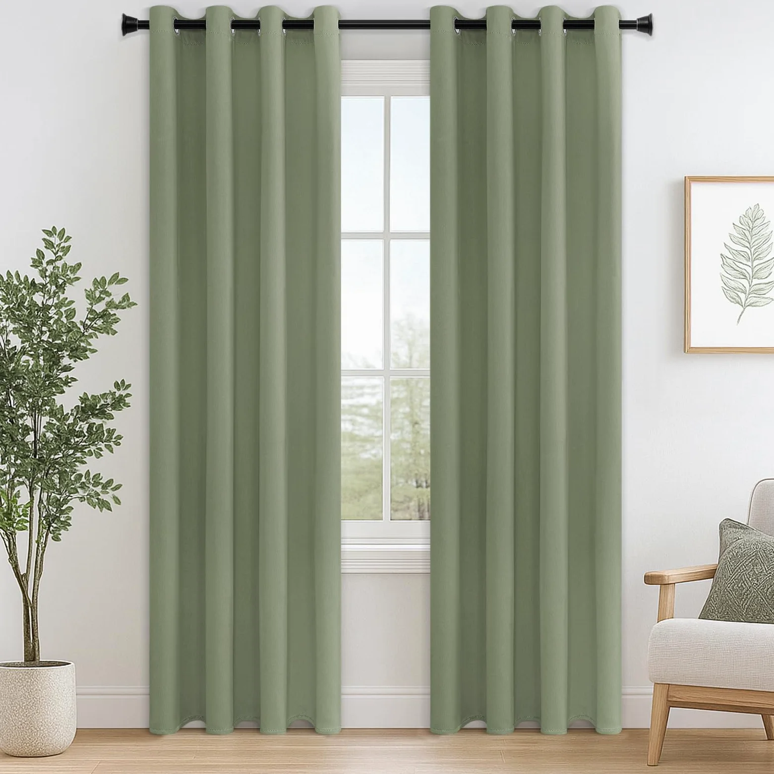 MRTREES 90 Lot de 2 rideaux occultants à isolation thermique avec œillets, protection de fenêtre, pour enfant, chambre et salon, texture douce, vert sauge, 167 x 228 cm