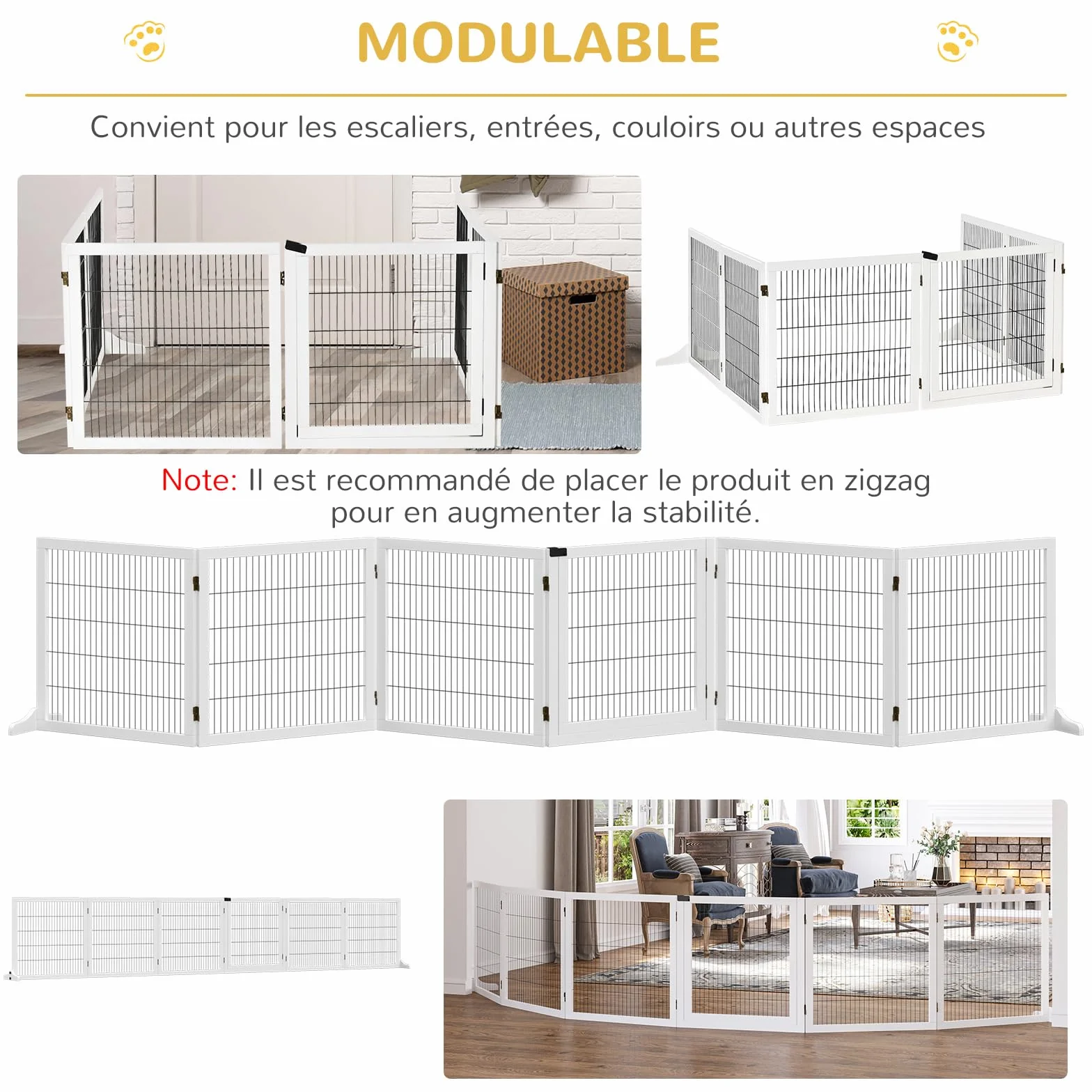 PawHut Barrière de sécurité Chien autoportante modulable Pliable 6 Panneaux Bois de pin 432 x 36 x 70 cm Blanc