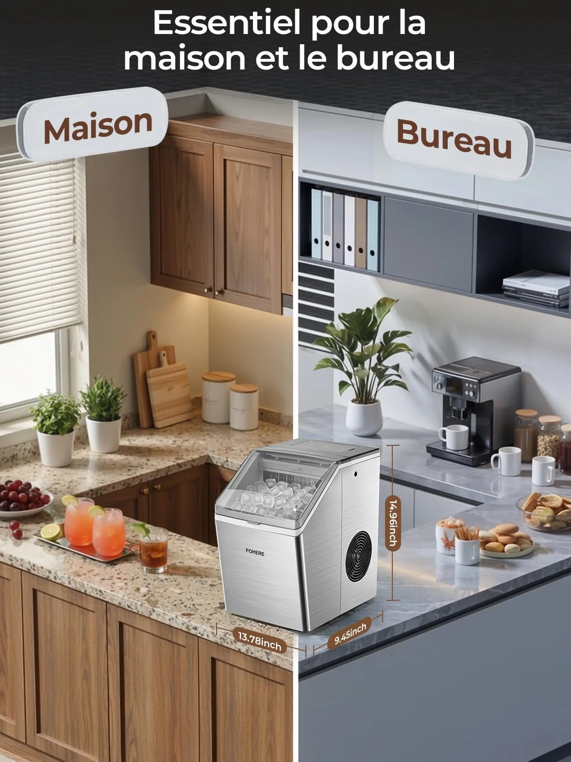FOHERE Machine à Glaçons Acier Inoxydable 24kg/24h 24 Glaçons 10-15 Min Réservoir 3,2L Auto-Nettoyage Dégivrage Double Alimentation Eau 40 dB