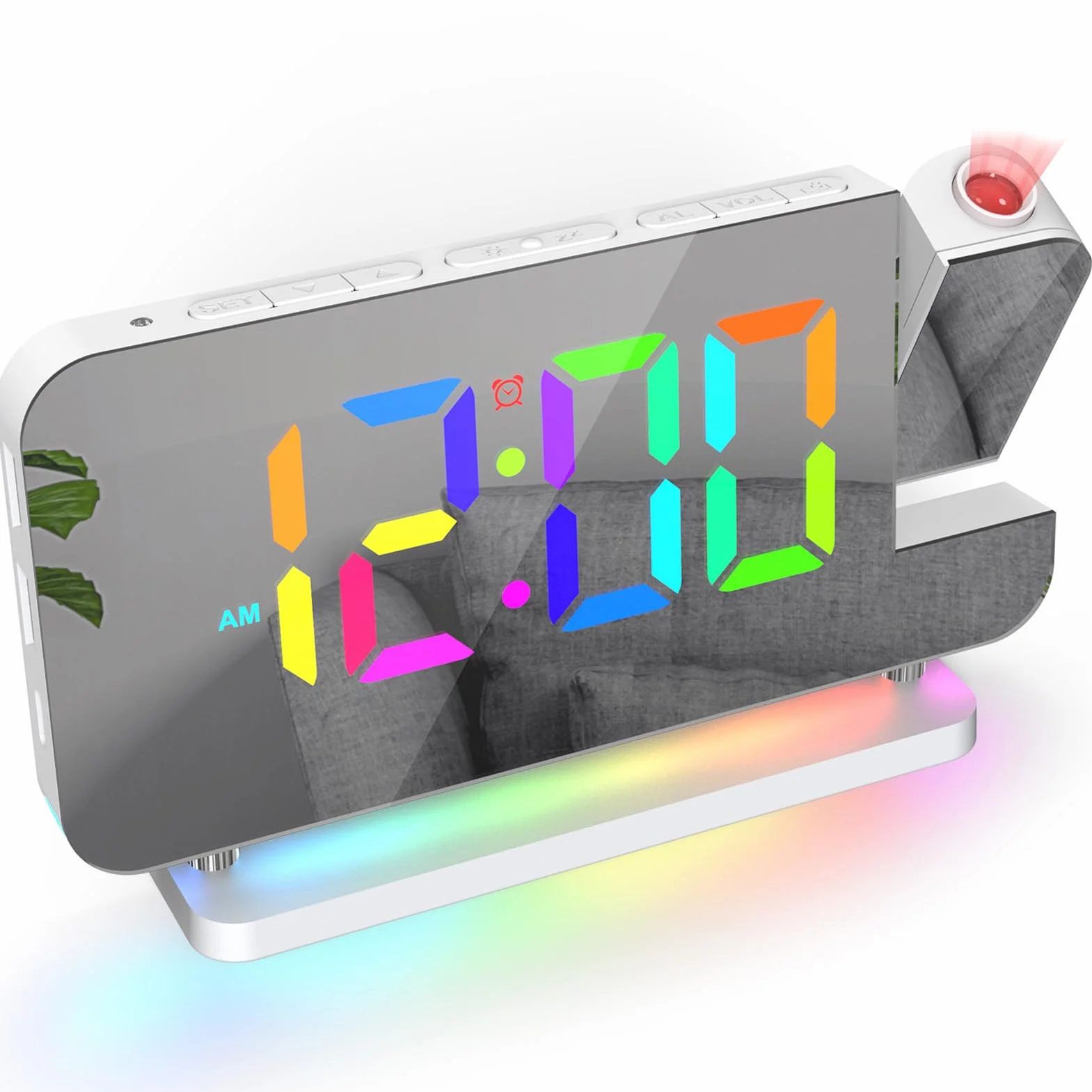ThreeH Réveil Projecteur LED RGB avec Surface Miroir Affichage Auto Dimming Volume Réglable Double Port USB Veilleuse Blanc