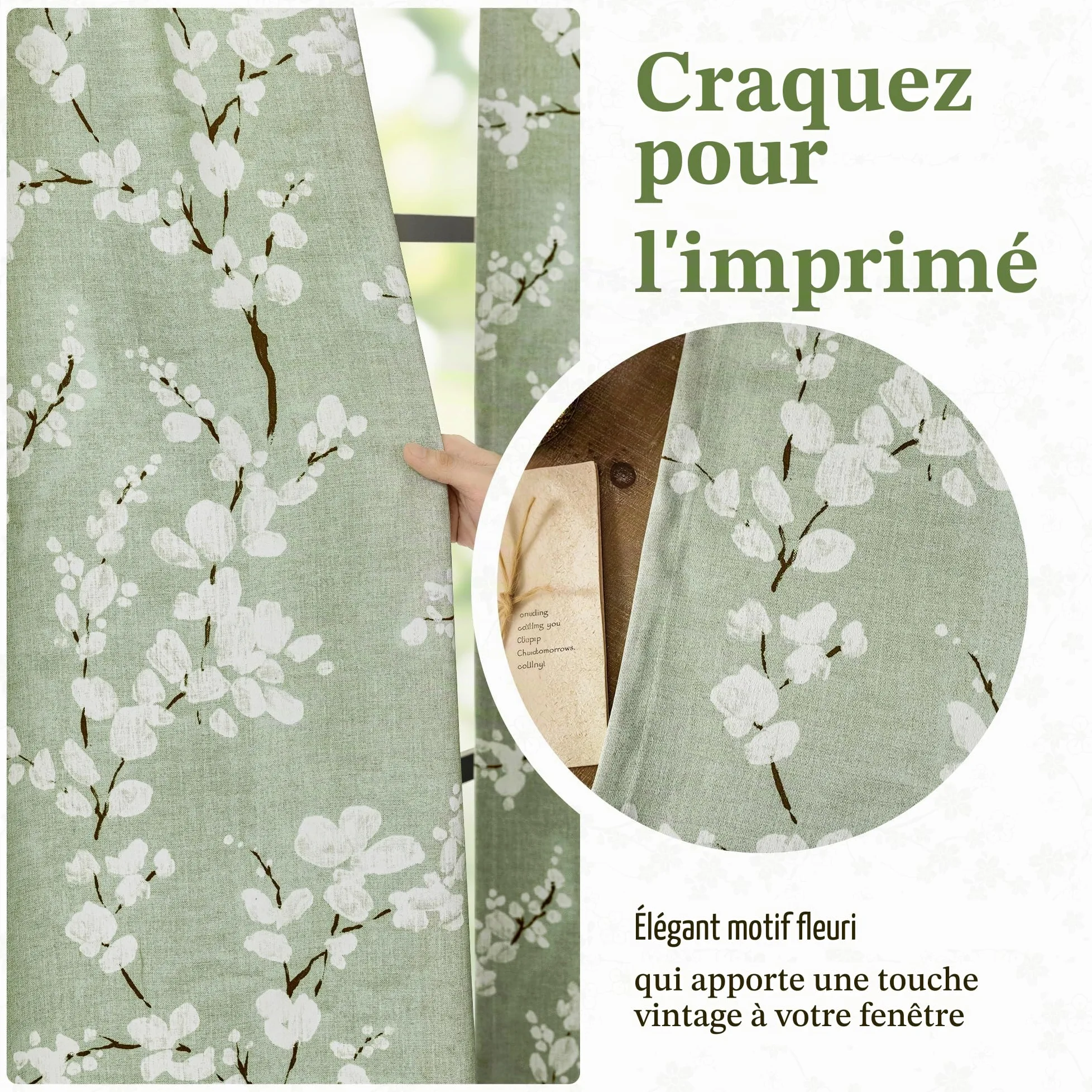 FMFUNCTEX Lot de 2 Rideaux 100% occultants à Motif Floral pour Chambre à Coucher, Vert Sauge, 213,4 cm de Long, pour Salon, Rideaux à Isolation Thermique avec œillets de Style Ferme, Blanc sur Vert
