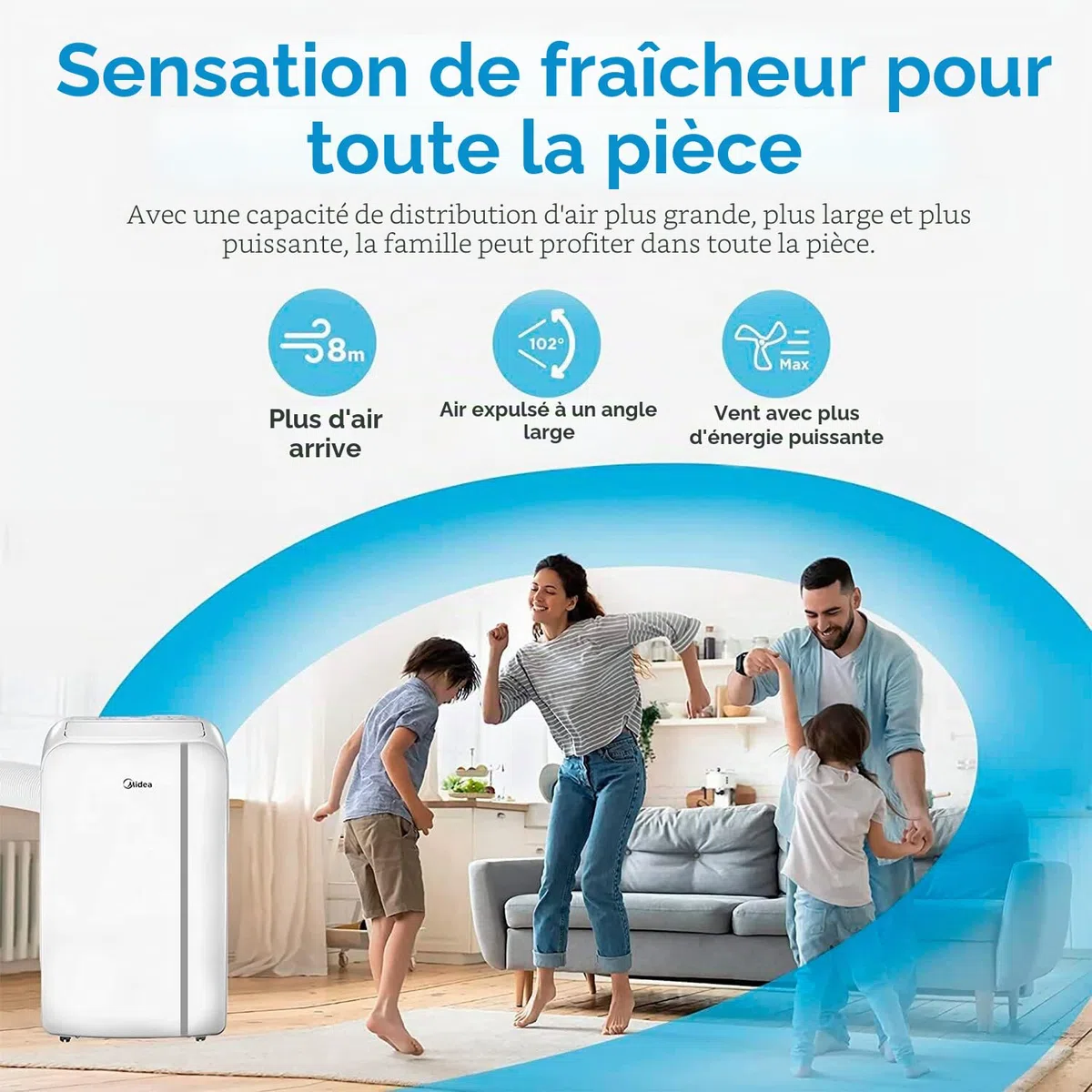 MIDEA Climatiseur portable frigories - Climatiseur portable refroidisseur - Refroidisseur silencieux - Refroidisseur d'air - 3 vitesses avec kit fenêtre et télécommande (12000 BTU | 43m2 | Avec Ligne)