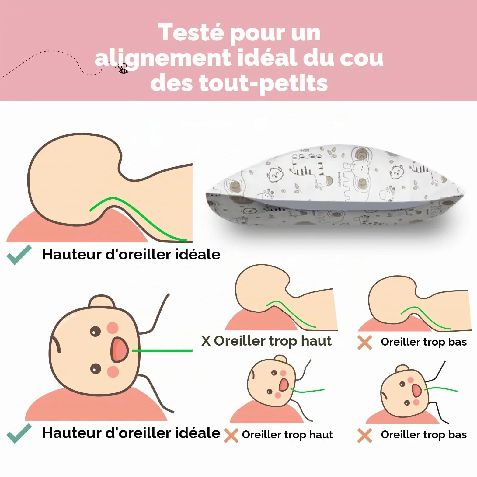 Oreiller pour Tout-Petit en Coton Biologique Doux Lavable en Machine - Taie d'oreiller incluse