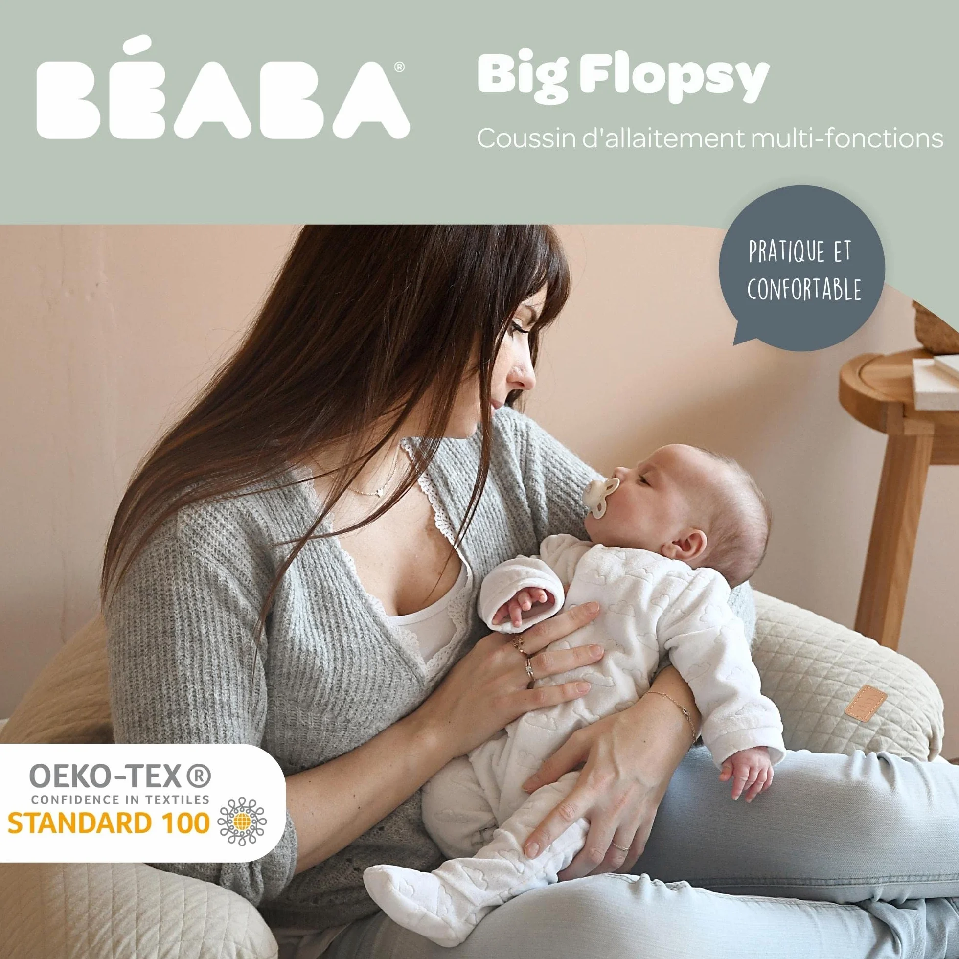 BEABA Big Flopsy Coussin d'allaitement Oreiller de Grossesse Soutien Confort Optimal Fleur de Coton Lin