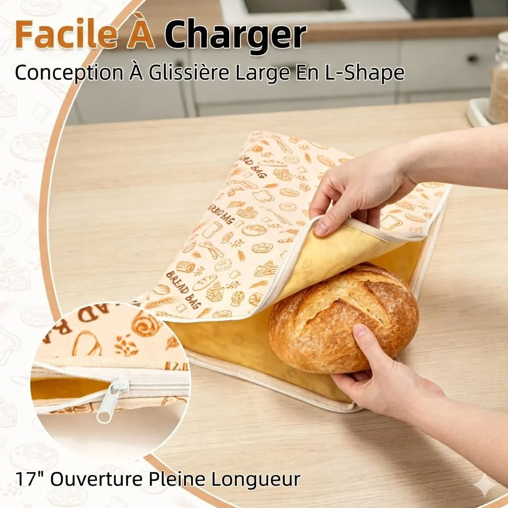 Lot de 2 Sacs à Pain en Cire d'Abeille 43 x 33 cm avec Fermeture Éclair, Réutilisables pour Conservation du Levain et Baguette