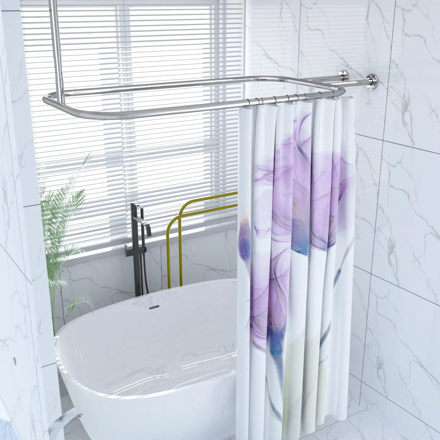 Anneau de rideau de douche en alliage d'aluminium ovale forme carrée pour salle de bain 148 cm x 61 cm pour baignoires à pieds libres (Argent)