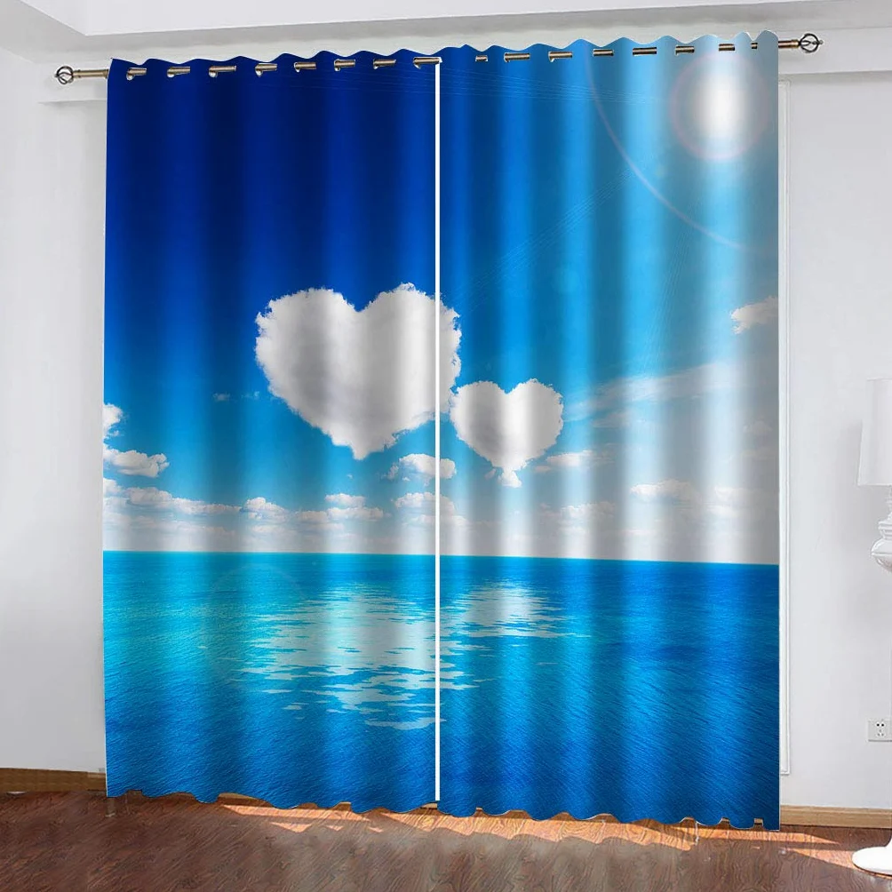 Rideaux Et Draperies Intérieurs 3D Ciel Bleu Coeur Nuage Blanc Motif Rideau Occultant À Oeillets Decoration Salon Chambre Maison pour Enfant Adulte 2 Pièces 280x160Cm Design Moderne Imprimé