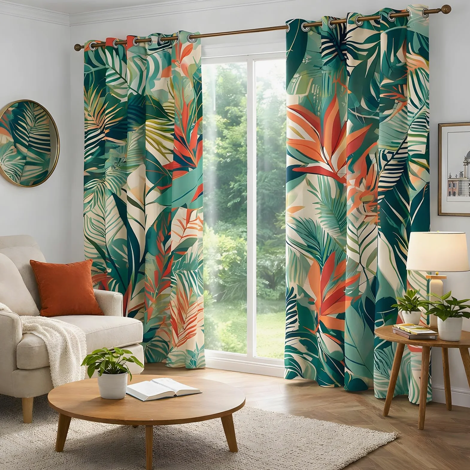 beige Rideau Occultant feuilles vertes tropicales Rideau Thermique Isolant Lot de 2 Pièces (2x140x225cm), 3D Rideau Fenetre pour Chambre Fille Enfant Garcon Rideau Separation de Piece con Oeillets,