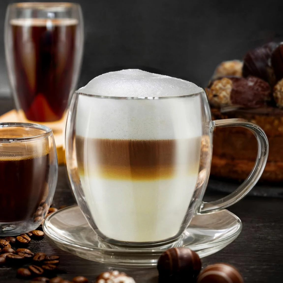 Creano Lot de 6 Tasses à Thé Double Paroi 250ml avec Soucoupes – Grand Set de Service Thermique Bombé en Verre Borosilicate – Idéal pour Gastronomie & Famille