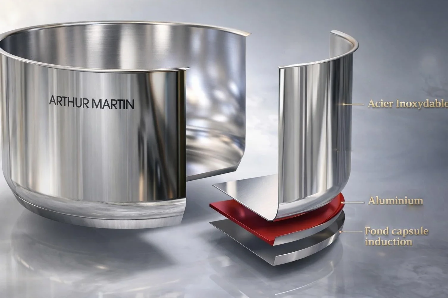 ARTHUR MARTIN Batterie de Cuisine 10 Pièces Inox Casseroles Poêles Antiadhérentes Compatible Tous Feux Poignée Amovible