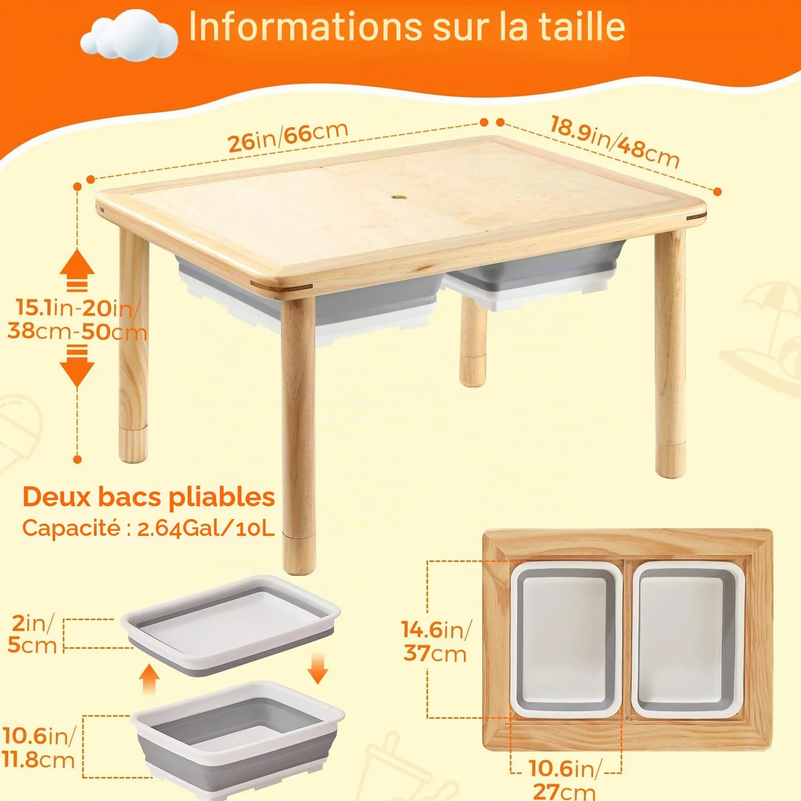 FUNLIO Table sensorielle en Bois avec 2 bacs pour Les Enfants de 1 à 5 Ans, Table sensorielle pour Enfants à Hauteur réglable sur 3 Niveaux, de Jeu pour l'eau et Le Sable, certifiée CPC