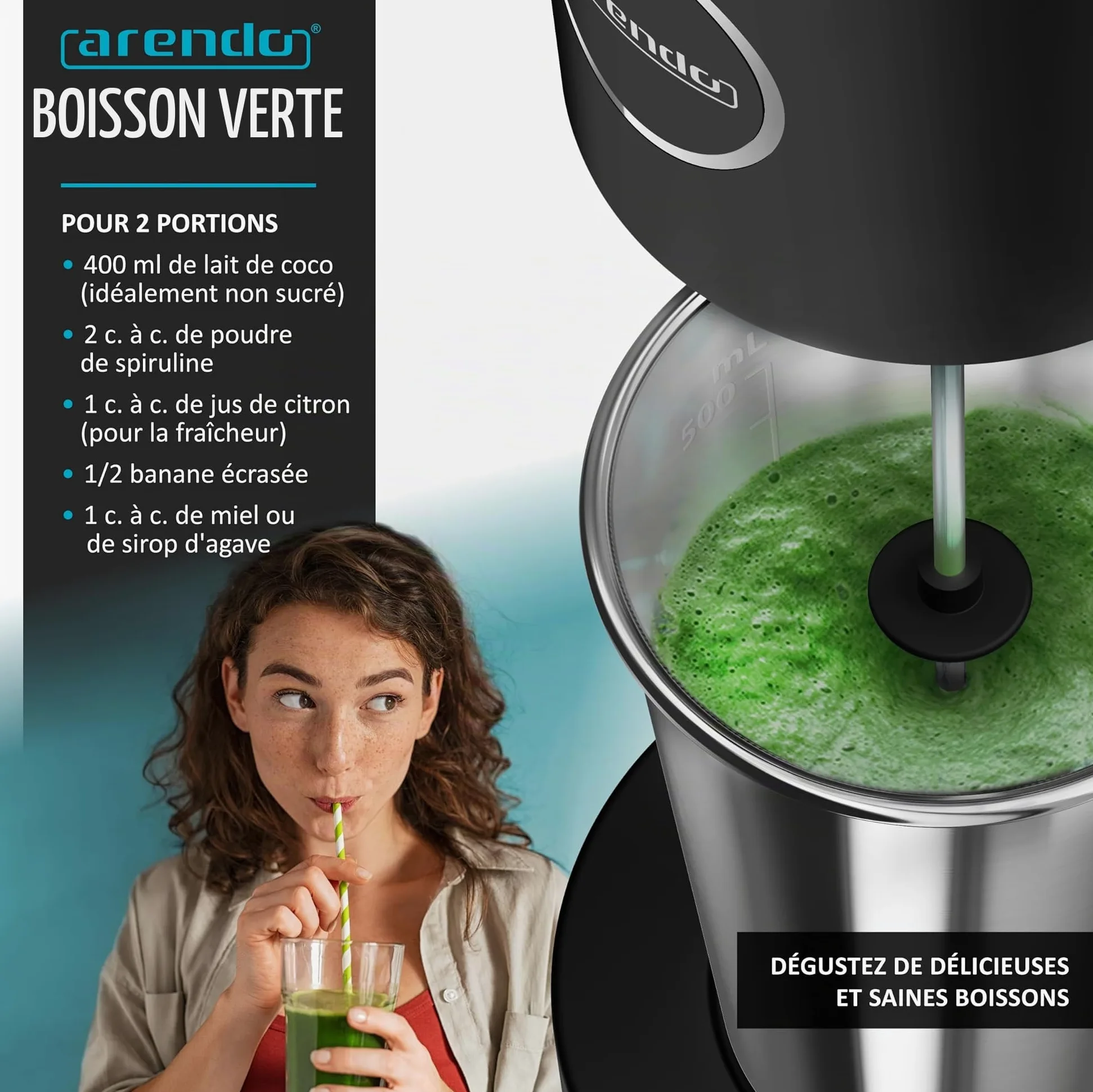 Arendo - Mixeur à Boissons et Milkshakes avec Gobelet en Inox 500 ml/250 ml - 100W, 22 000 tr/min, 2 Vitesses, Double Fouet