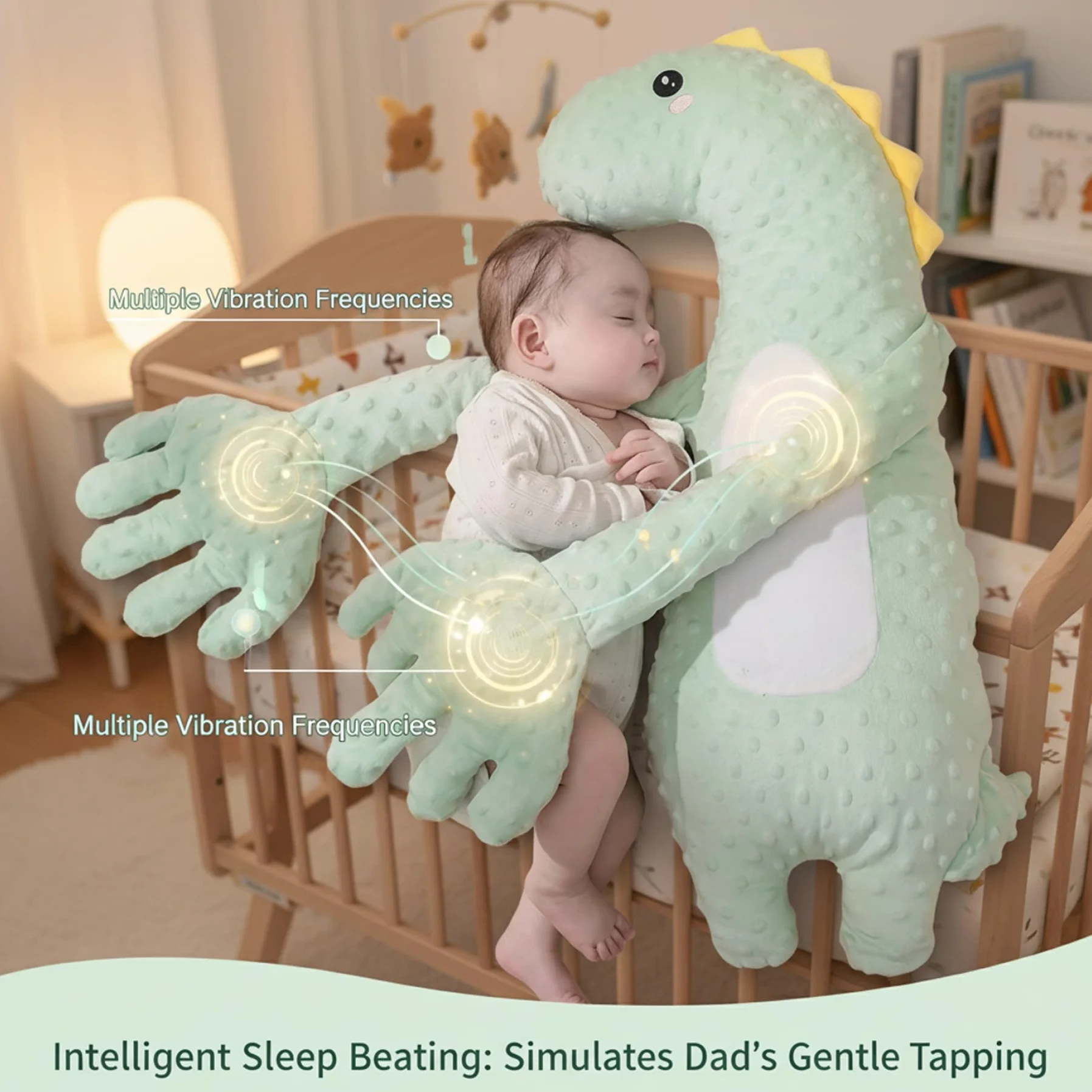 Tapoter la main pour le sommeil de bébé – Oreiller à tapoter pour bébé dinosaure vert, oreiller apaisant intelligent avec tapotements doux et minuterie, aide au sommeil portable pour nourrissons