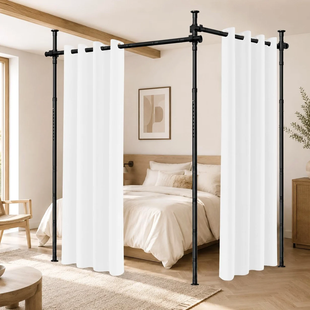 Tringle à rideau sans perçage, séparateur de pièce autonome, sans rideau, brise-vue pour salon, réglable, l 355 cm x H 320 cm, noir