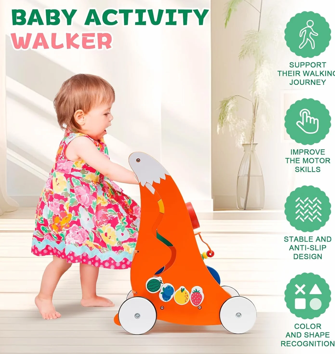 Chariot de Marche en Bois Trotteur Bébé avec Musique et Trieur de Formes Jouet Montessori