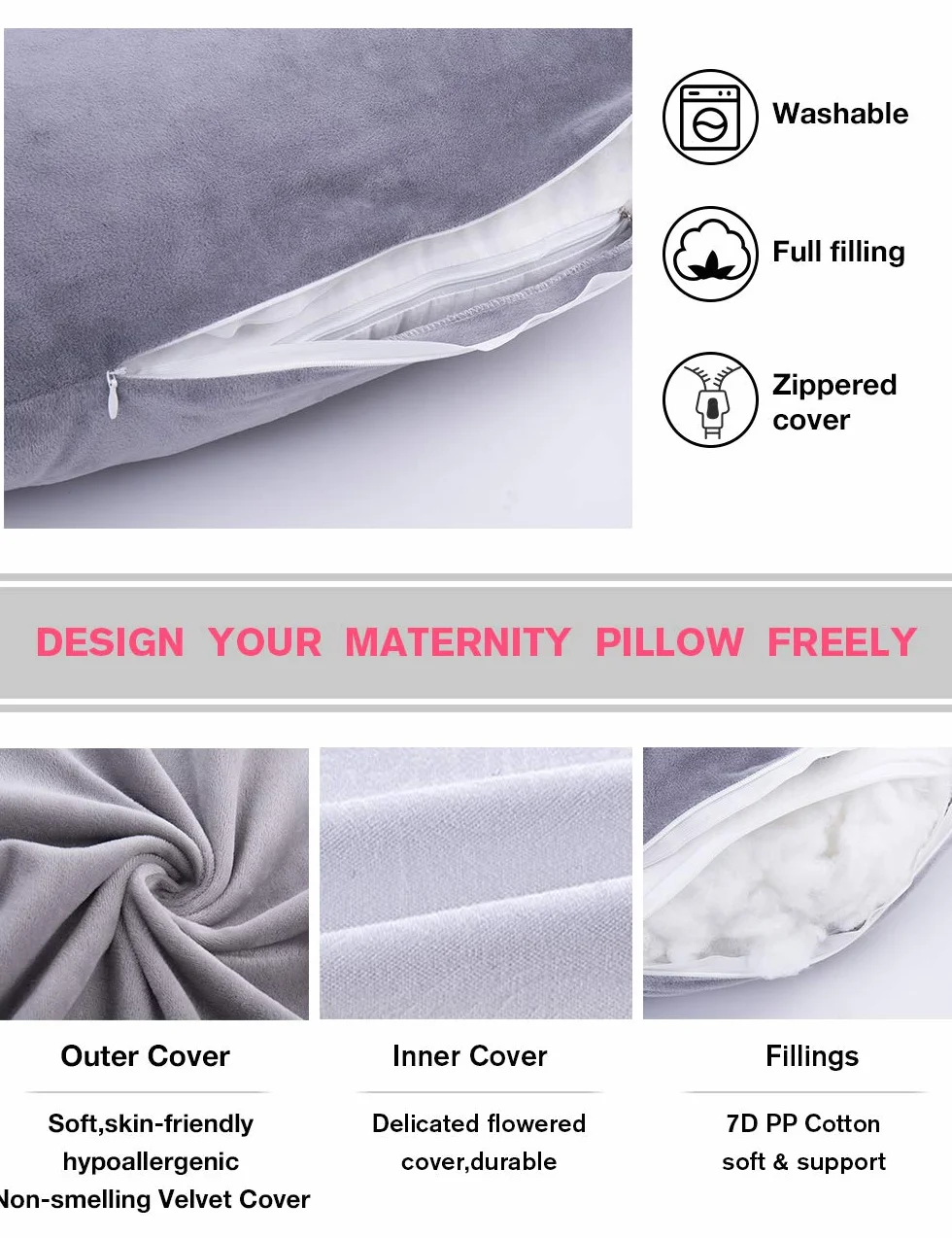 Awesling Oreiller Corps Complet Allaitement Maternité Grossesse Extra Large Forme U Côté Amovible Coussin Soutien Housse Amovible Gris