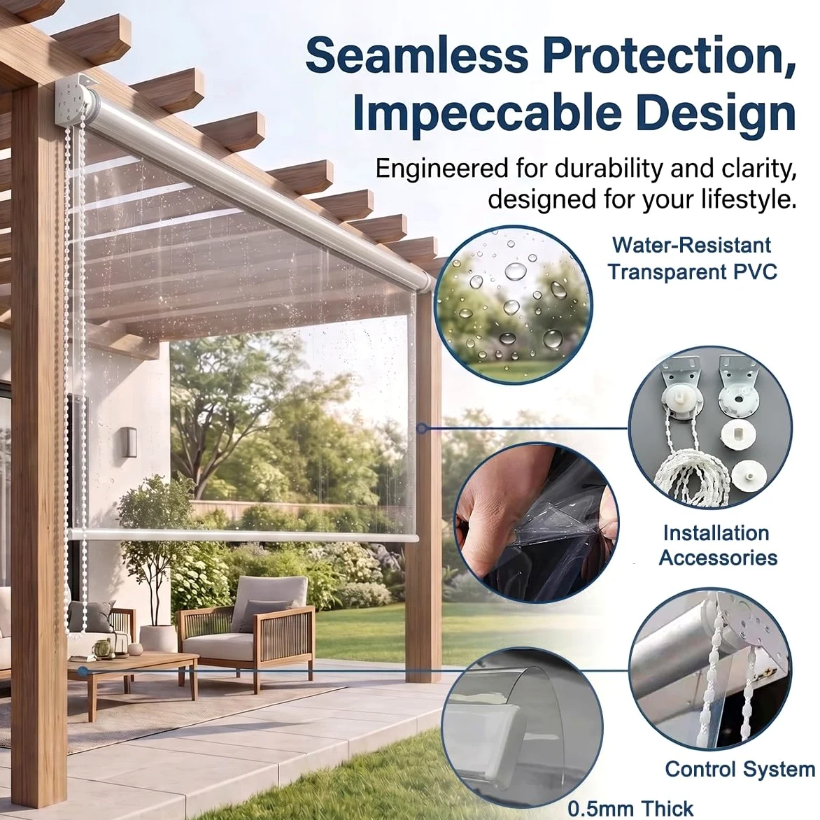 Store Enrouleur Transparent et Imperméable, Volets Roulants Exterieur PVC | Stores à Enroulement, Rideau de Séparation Clairs en plastique pour pergola Fenêtres, Anti-poussière(140x120cm)