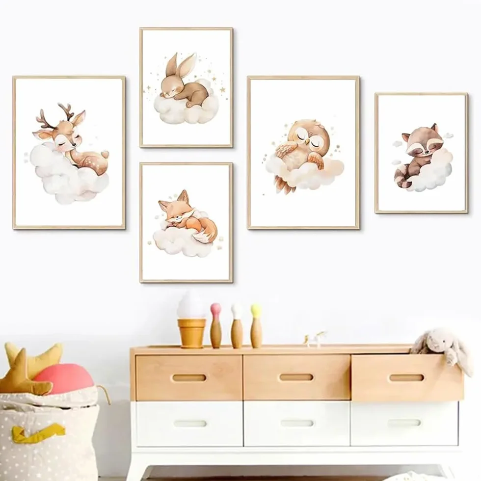 BeiYiHo Tableau Chambre Bebe Biche Nuages 21x30 Affiche Beige Brun Decoration Murale Enfant