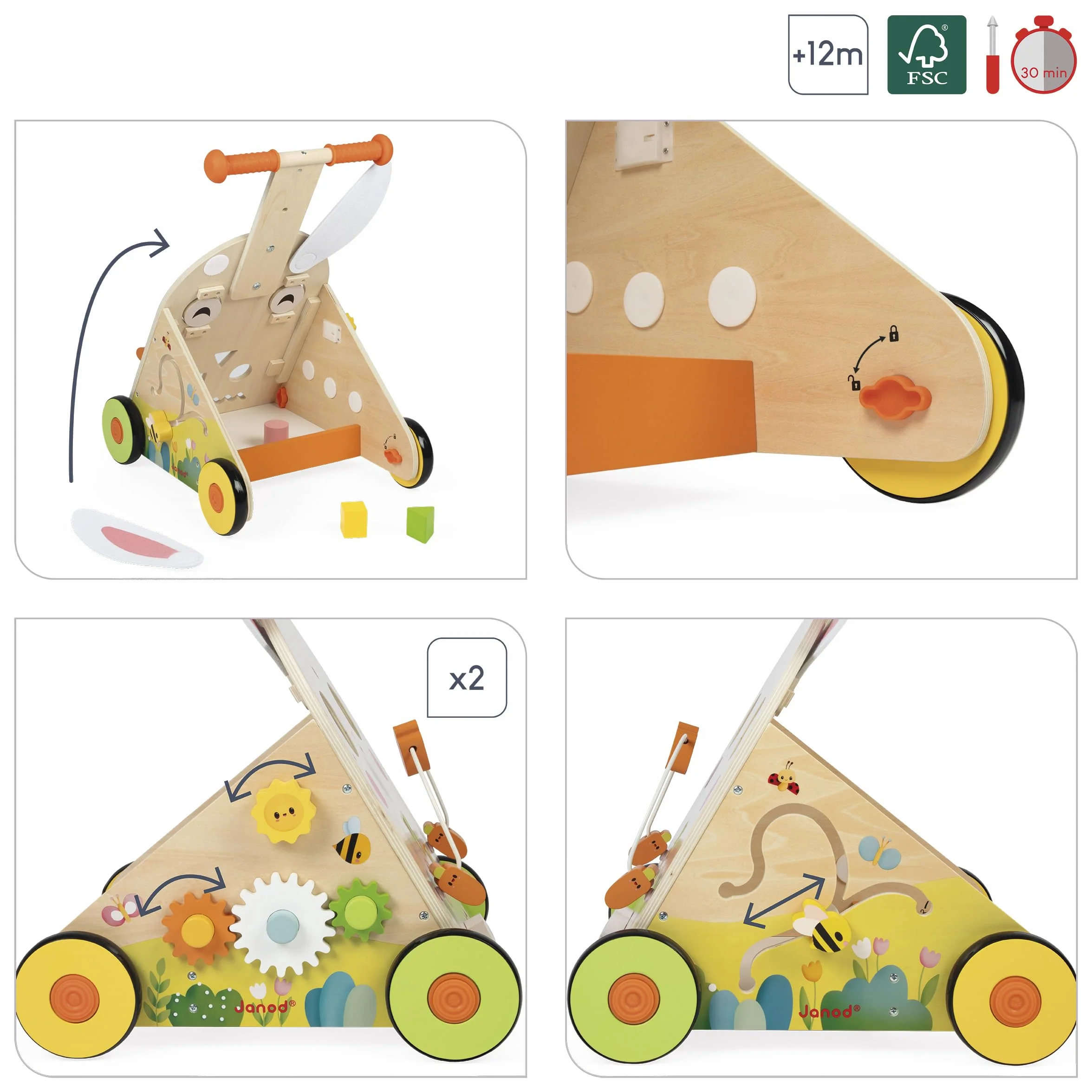 Janod Chariot Multi-Activités Ferme en Bois à Pousser 9 Activités Système Frein Breveté Roues Silencieuses Jouet Eveil Enfants Dès 12 Mois