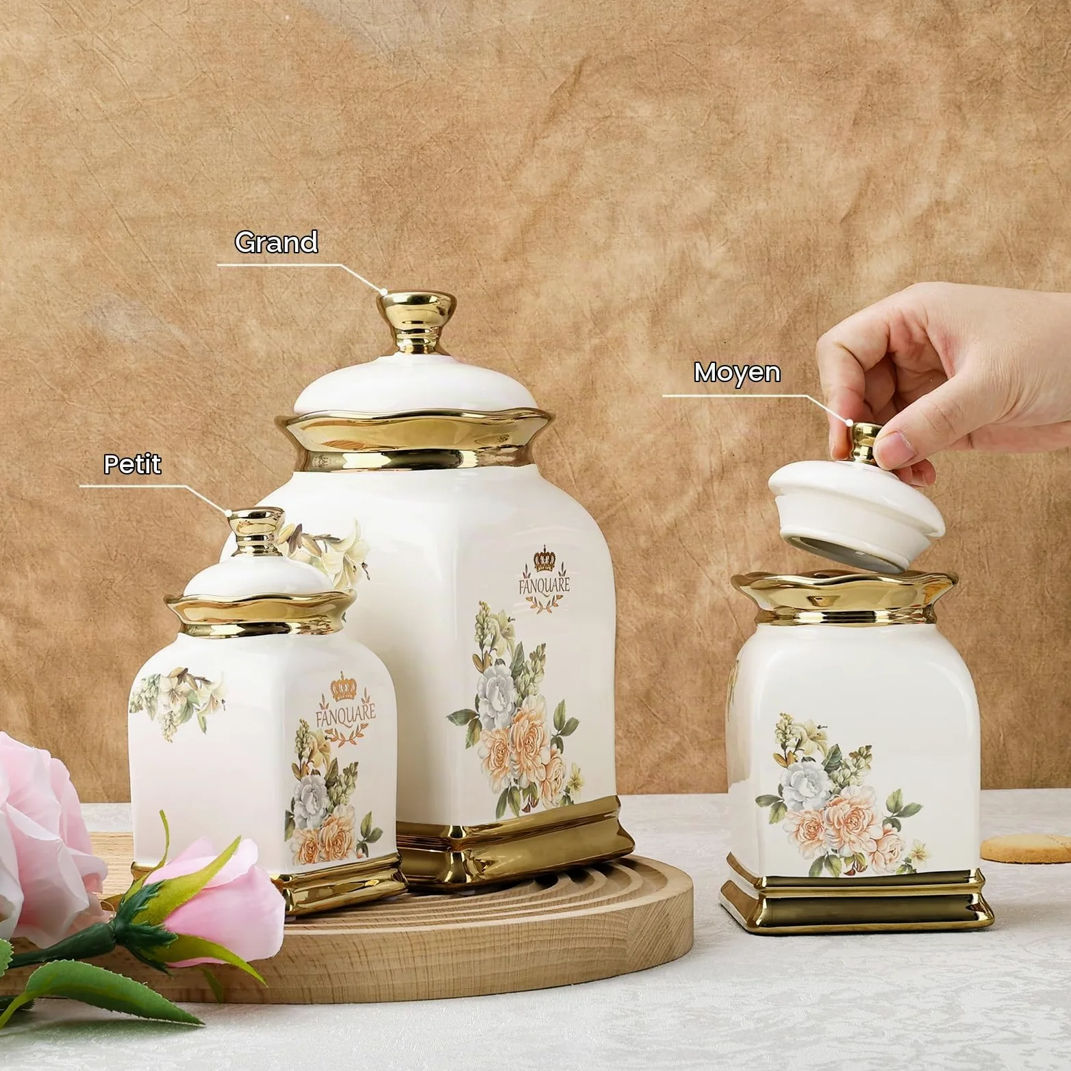 fanquare 3 Bocaux Vintage à Fleurs avec Couvercle, Tasses en Céramique pour le Thé, le Café, le Sucre, Pots Hermétiques pour Conserver les Aliments à la Maison, dans la Cuisine, Comme Cadeaux