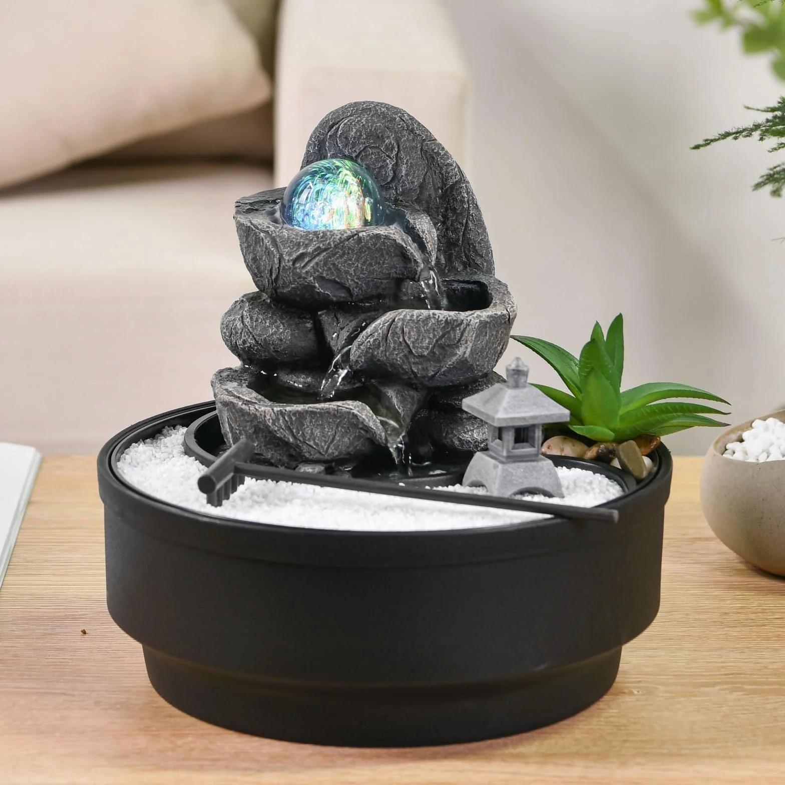 Fontaine d'Intérieur Jardin Zen, Boule de Verre Lumineuse LED Coloré, Circuit Fermé H21 cm