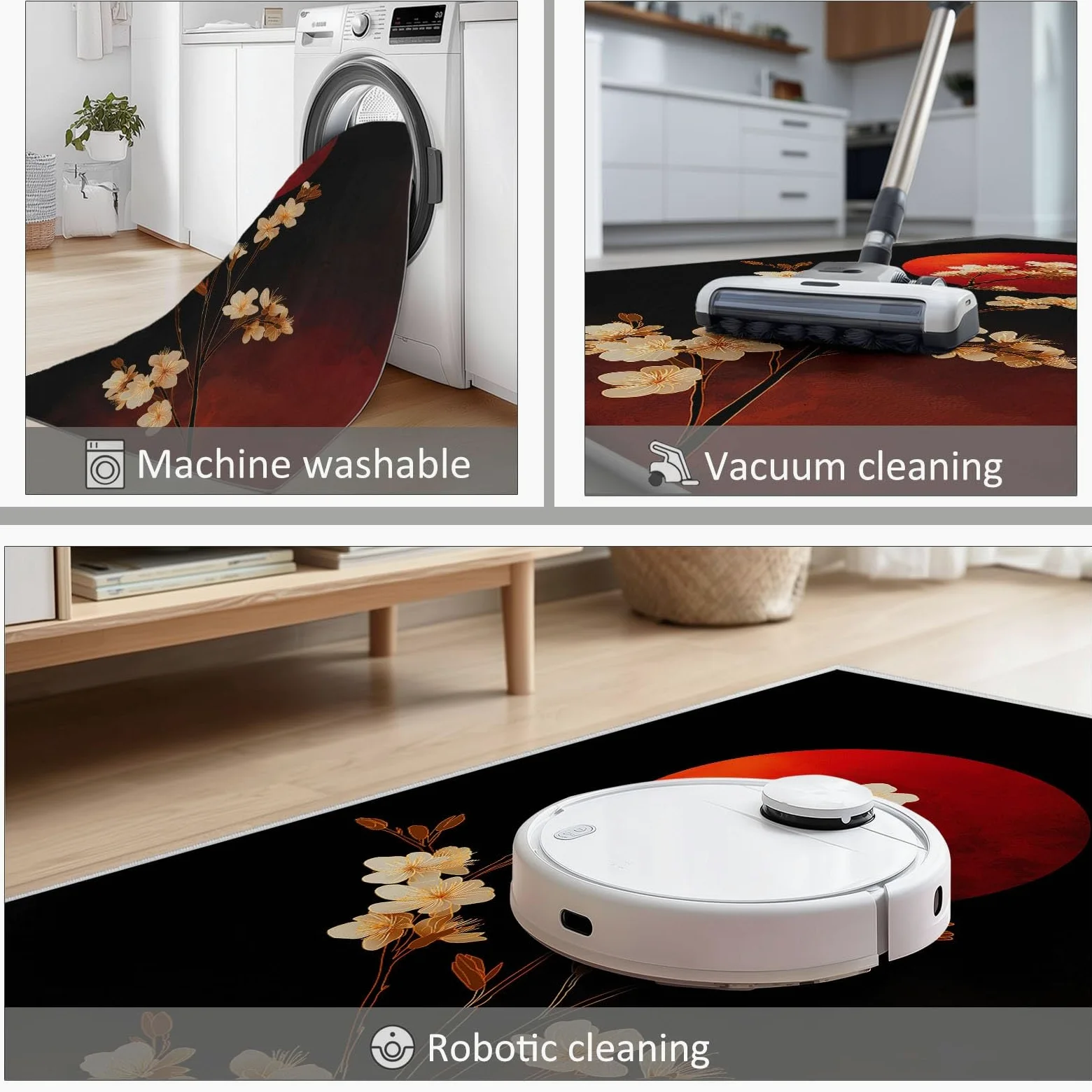 Antidérapante Tapis de Salon Chambre - Salon Super Doux Salle à Manger Faux Tapis en Laine, Motif Fleurs crème Soleil Rouge Style Japonais Rug Décoratif Résistant Lavable Noir et Rouge 120 x 180cm