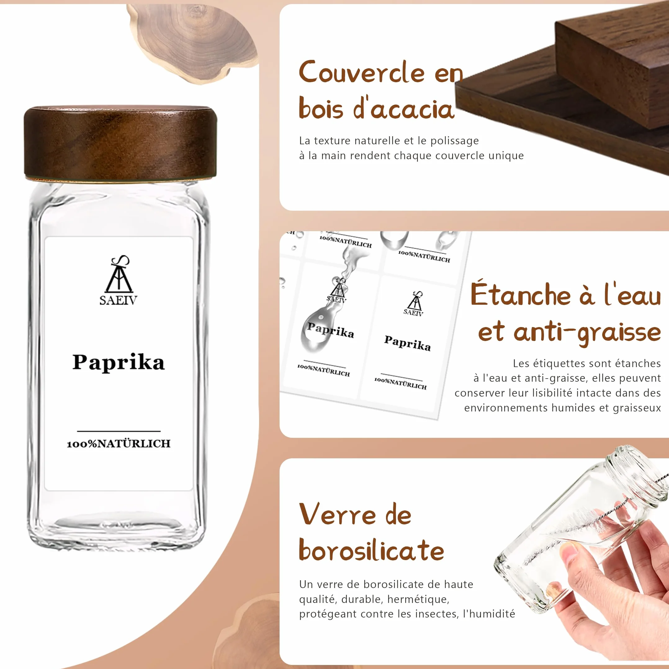 Pots à épices en verre borosilicaté 120 ml avec couvercles en bois d'acacia - Lot de 24