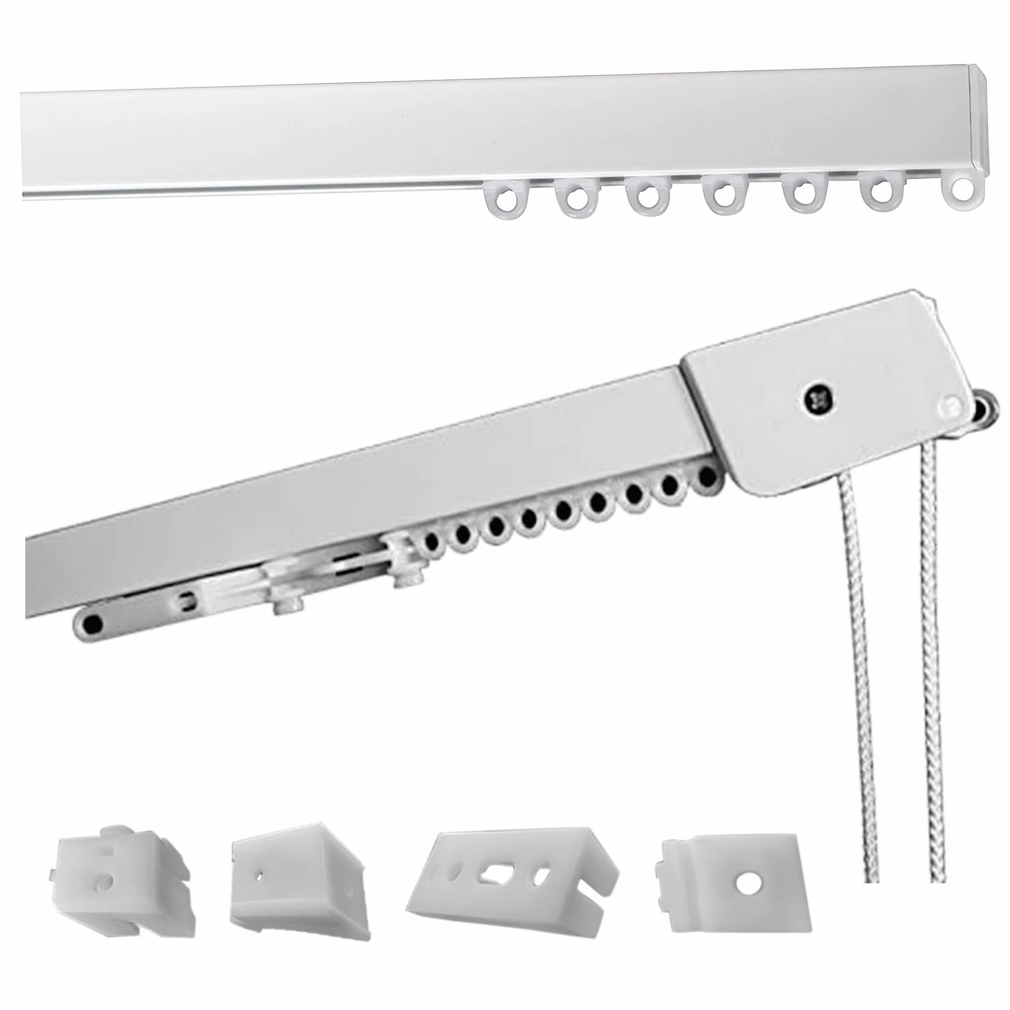 Rail de Rideau Linéaire en Aluminium Blanc Personnalisable, Complet avec Accessoires de Fixation, Mouvement à Corde, Tringle à Rideaux Coulissante pour Plafond ou Mur (160CM MOUVEMENT À CORDE)