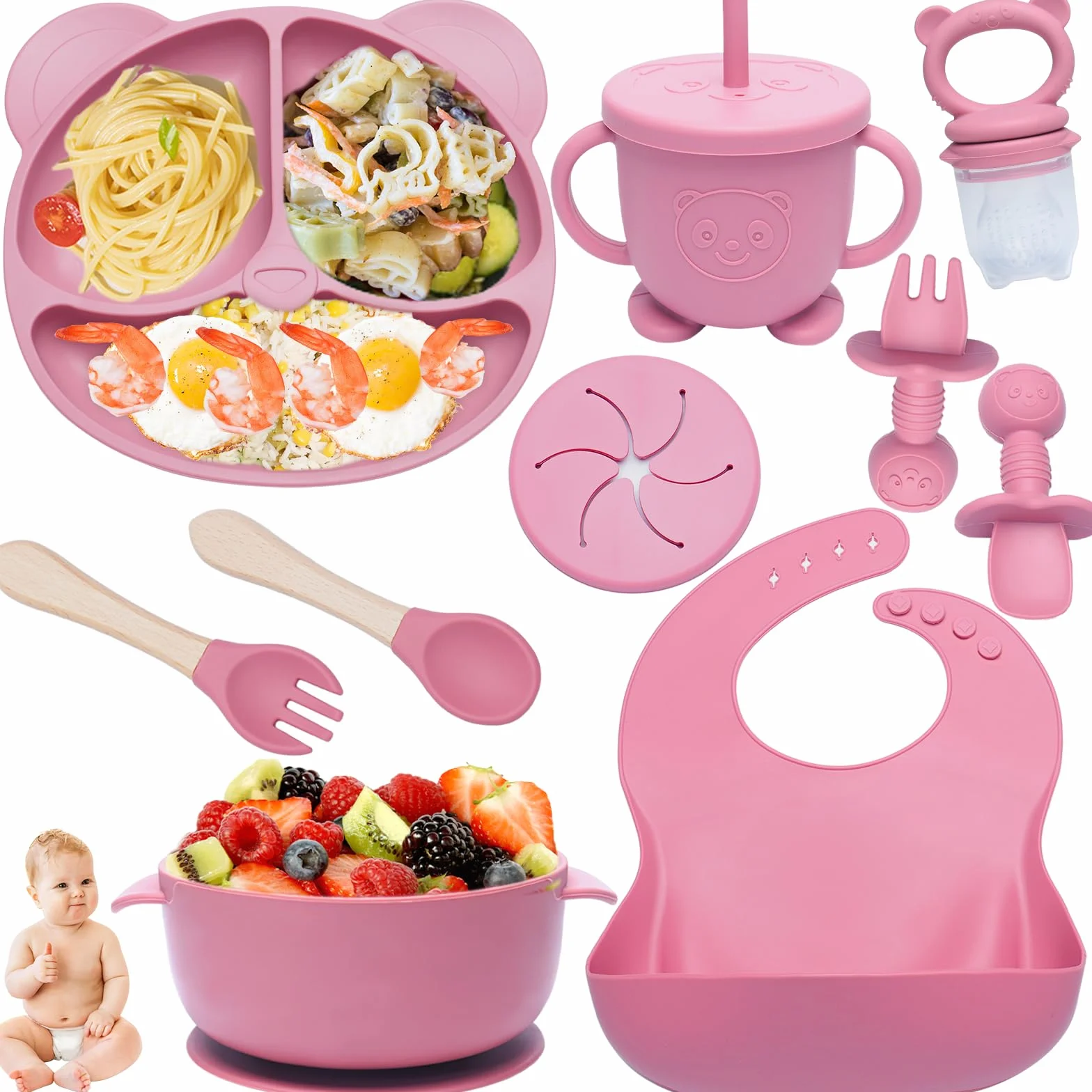 Coffret Repas Bébé 10 Pièces Set Vaisselle Silicone Antidérapant avec Ventouse Assiette Bol Couverts Bavoir Tasse Sans BPA Rose