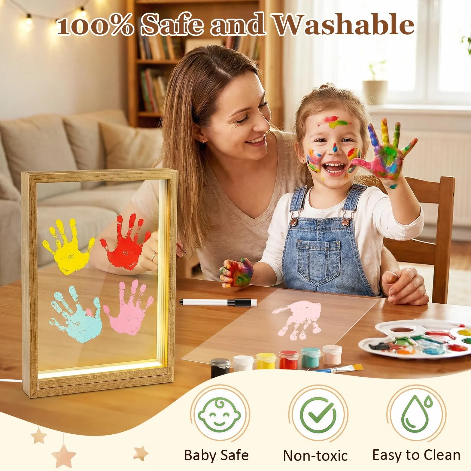 Cadre LED en Bois Kit Empreinte Famille Bébé Souvenir Personnalisé Décoration Murale Cadeau Naissance