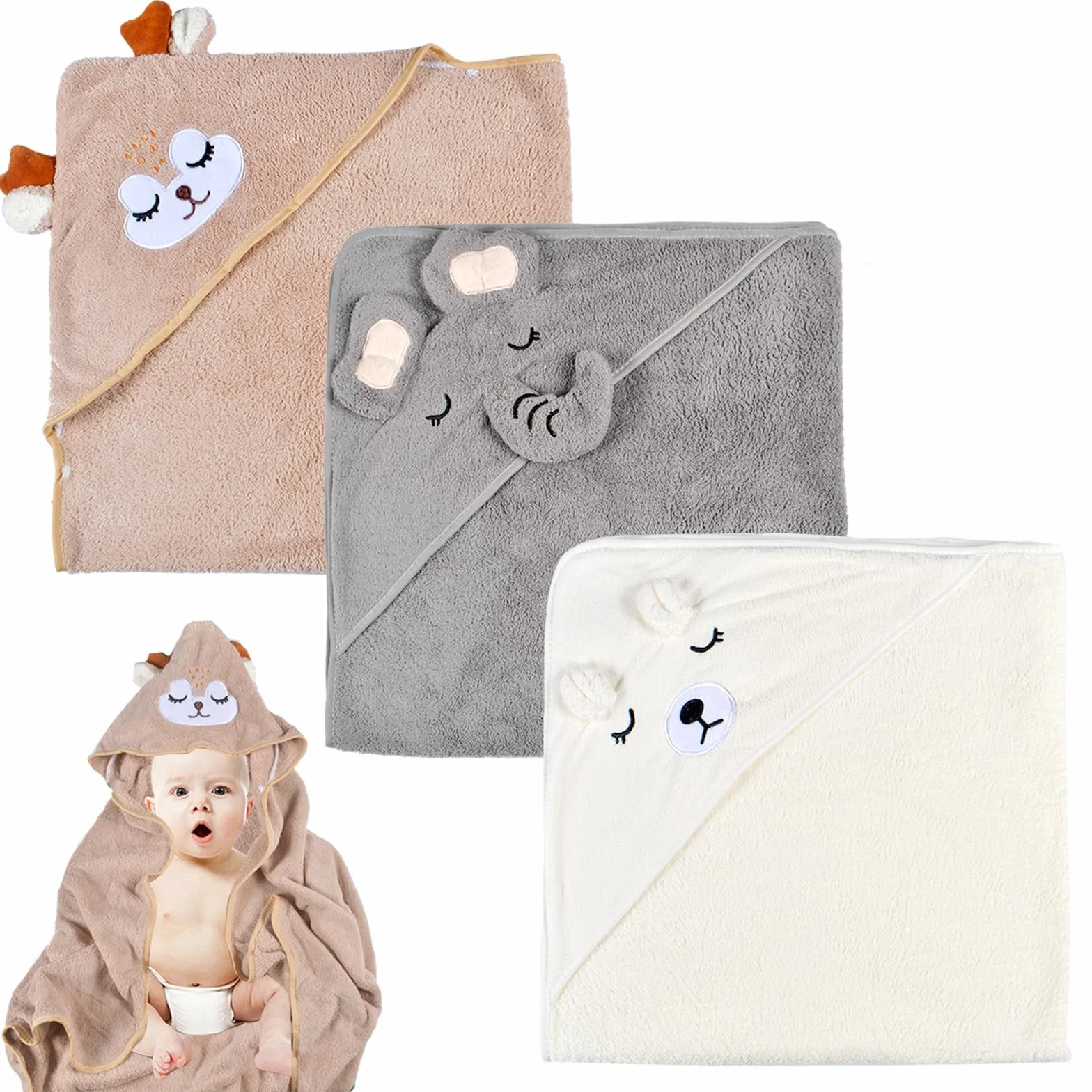 Serviette de Bain à Capuche Bébé 3 Pièces Bambou Super Absorbante
