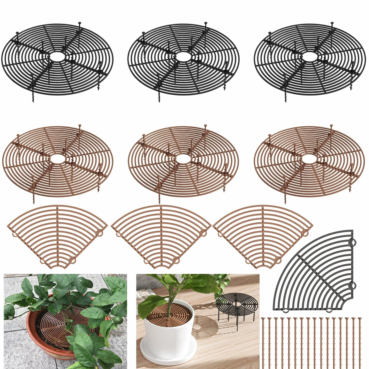 Lot de 6 grilles de protection rondes pour plantes 30 cm noir et marron