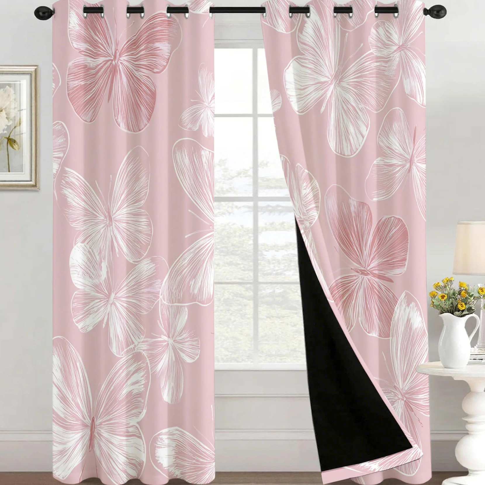 Rideau Occultant Papillon Rose, Féminine Et Féminine Motif Rideaux Thermiques à Oeillets, Rideaux Imprimé pour Salon Chambre Fenetre Moderne Décoration, 140x160 cm (L x H), Lot de 2, D#640