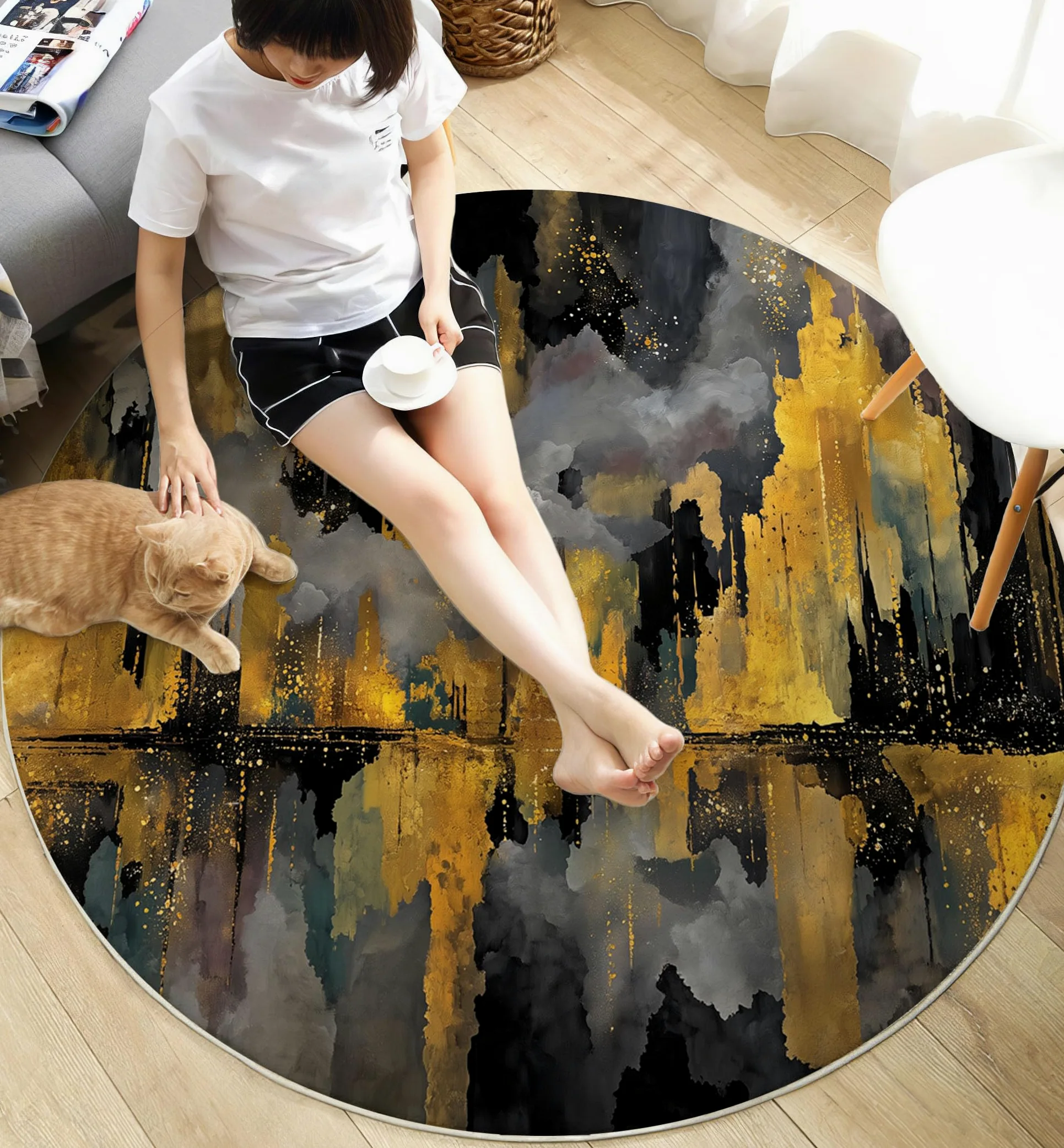 Tapis Rond De Ville en Feuille d'or Tapis Peinture À l'huile Abstraite Fin, Moquette Or Noir Doux Antidérapant Lavable pour Chambre À Coucher Entrée Salle À Manger Dortoir Familial, 100 Cm