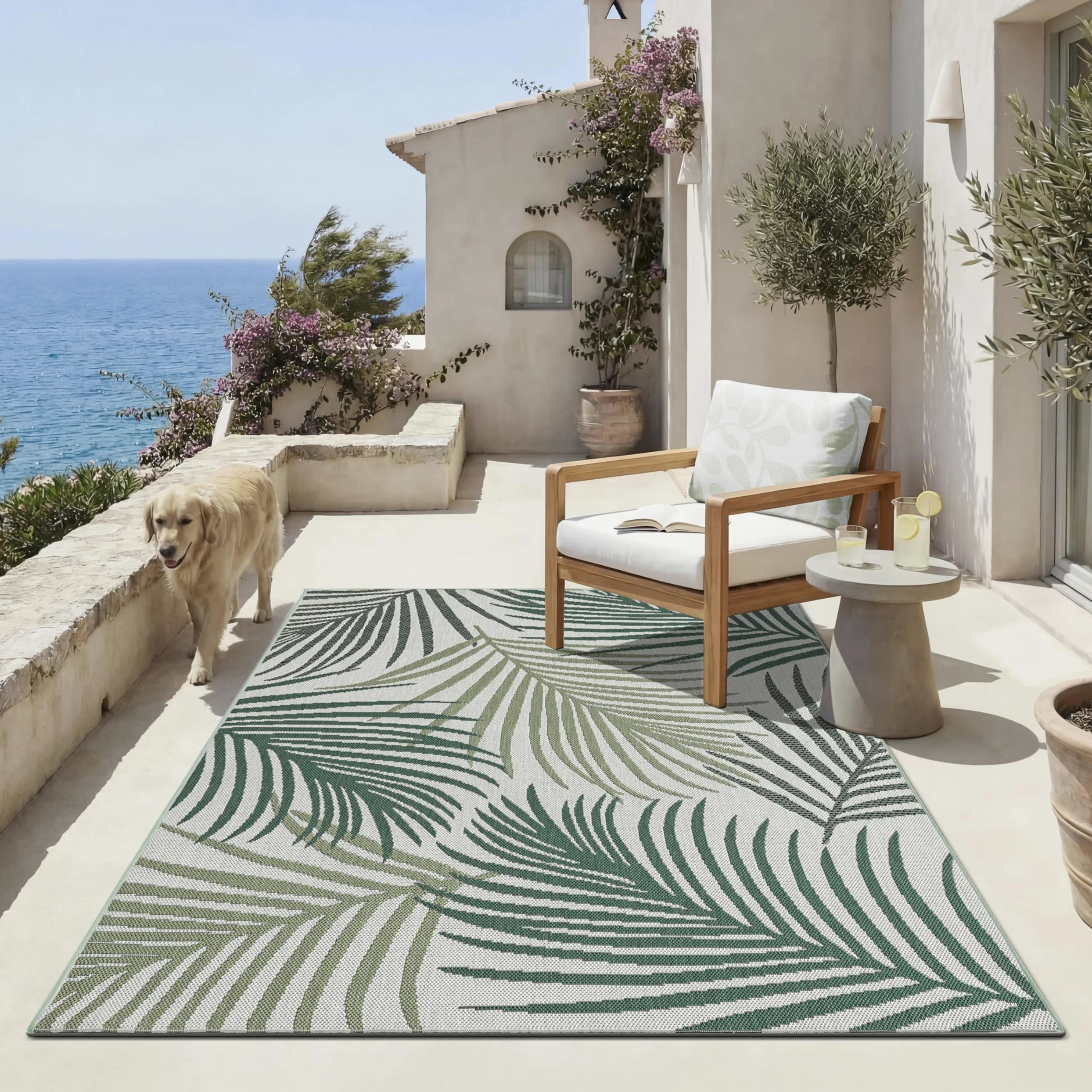 the carpet Machka – Tapis d’extérieur Robuste, résistant aux intempéries et aux UV, pour Balcon, terrasse et véranda, également adapté à la Cuisine ou à la Salle à Manger, Palmier, 160 x 220 cm