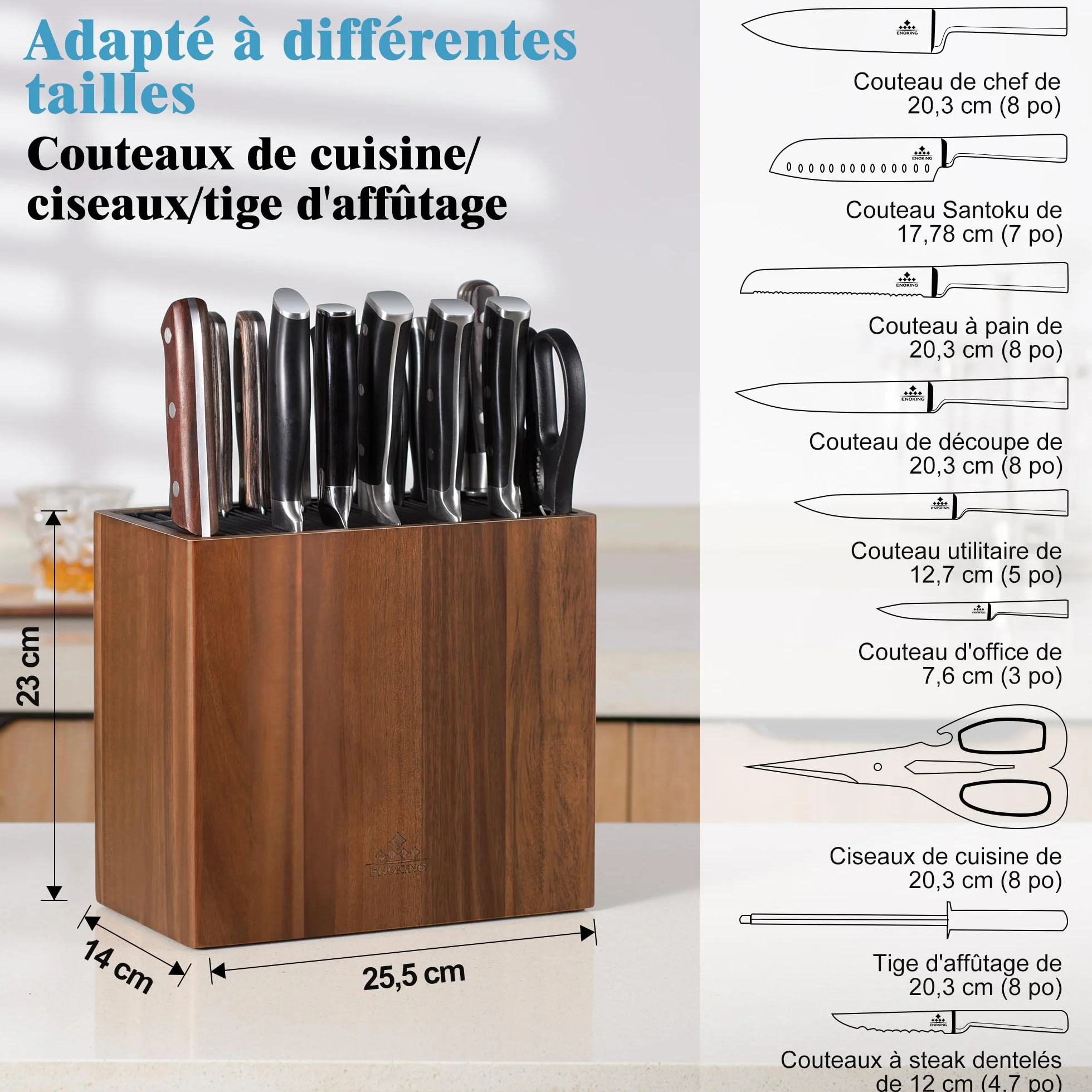 ENOKING Porte Couteaux en Bois d'Acacia, Range Couteaux de Cuisine Universel avec Couvercle en Plastique