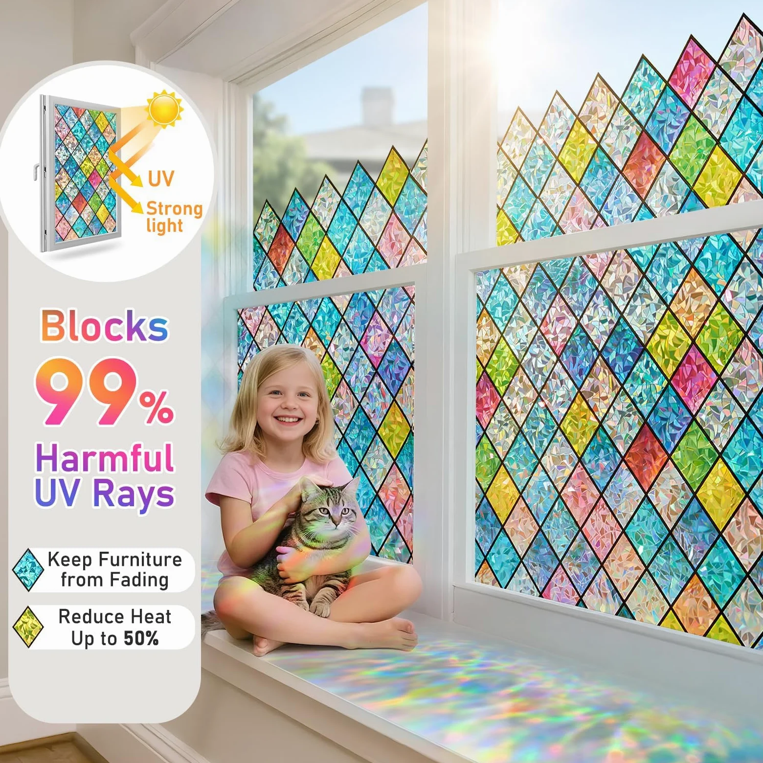 Beautysaid Film de fenêtre en Verre dépoli avec Motif Arc-en-Ciel, Anti-UV, Statique, sans Colle, pour Maison, Chambre à Coucher, Salle de Bain, Bureau, 60 x 400 cm