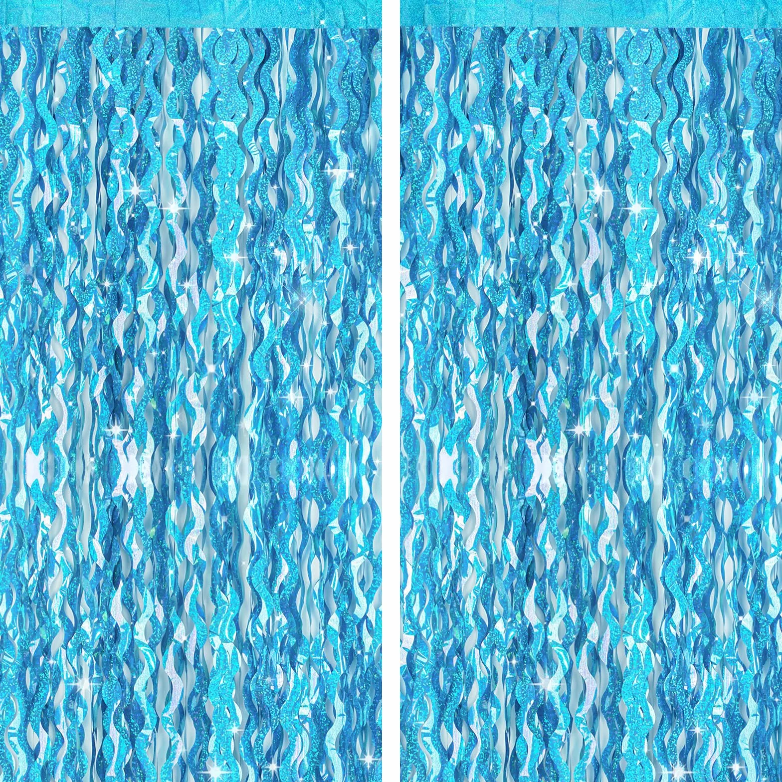 Rideau Décoratif Métallique Effet Ondulé G2PLUS 2 Rideau Franges Vagues Bleu pour Anniversaire Fille Fête Sirène