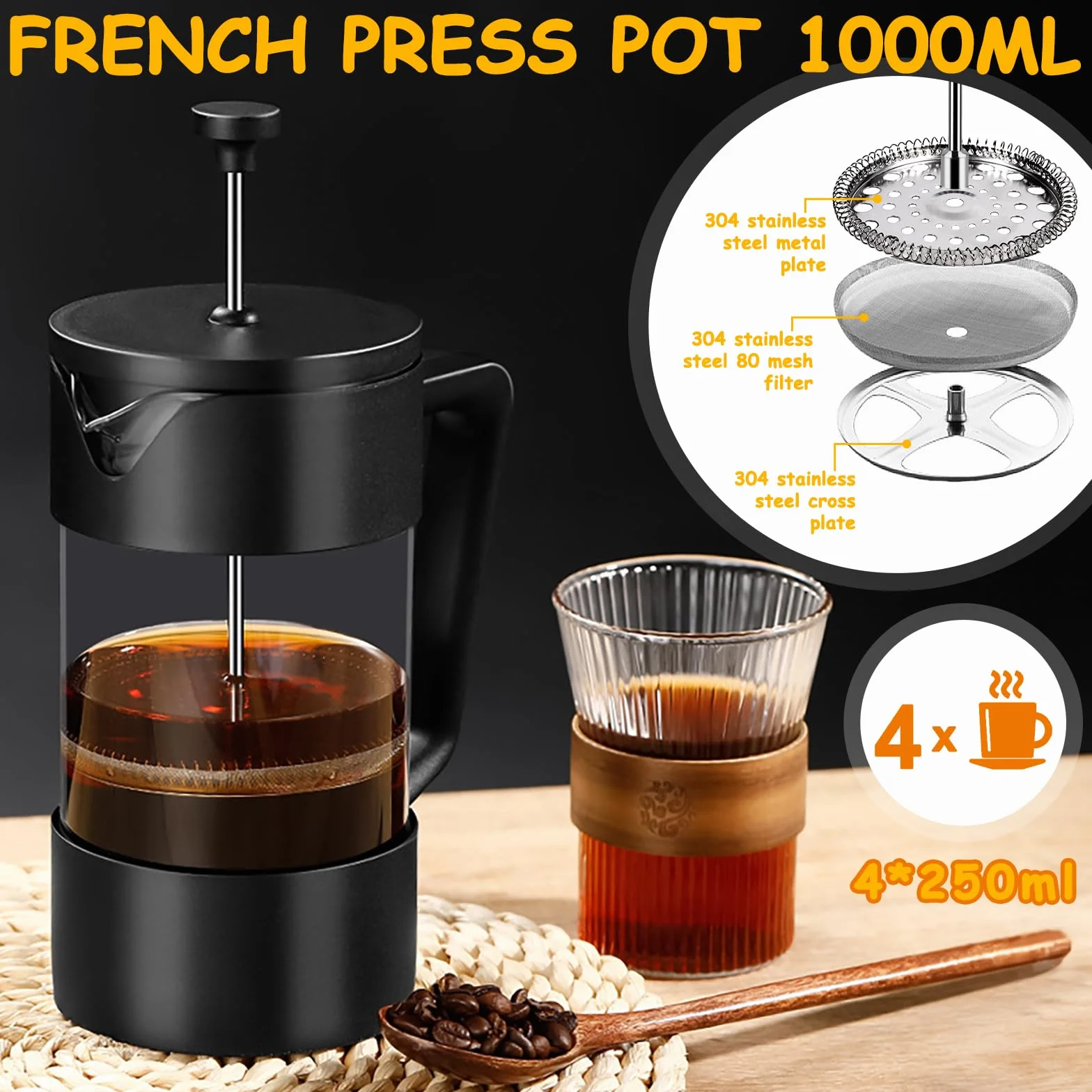 Cafetière à Piston French Press 1000 ml Verre Borosilicate Triple Filtres Acier Inoxydable Noir