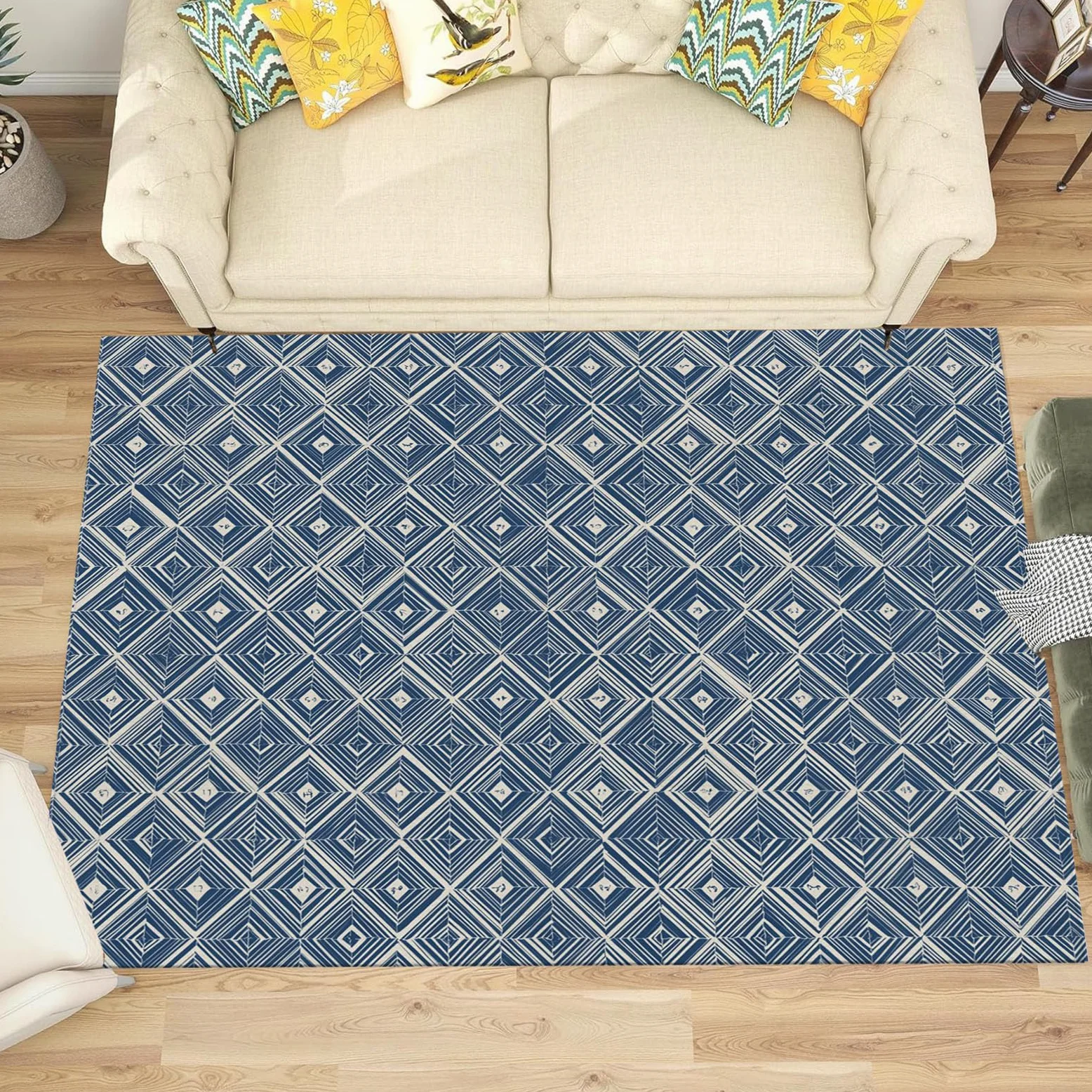 Tapis Lavable Losange Rayé, Antidérapant Géométrie Orientale, Résistant Aux Taches pour Intérieur, Décoration pour Salon, Chambre À Coucher, Bureau - Bleu Marine - 80X150Cm