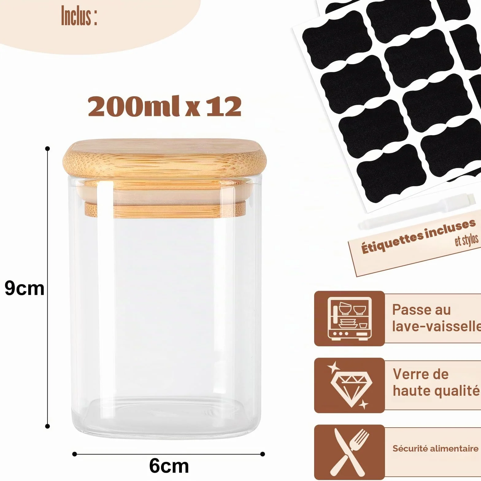 Lot de 12 Pots à Épices Carrés 200 ml Hermétiques avec Couvercle en Bois Verre