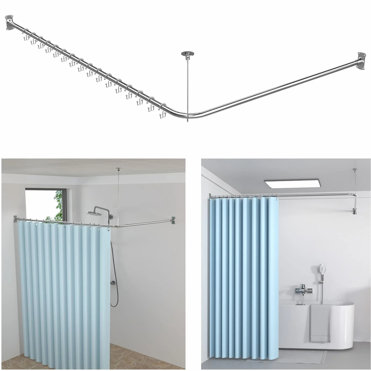 KULACO Barre de douche en forme de L, 100-120x100-190cm | barre de douche réglable en acier inoxydable SUS304, tringle pour rideau de douche de coin, avec 16 anneaux pour rideau