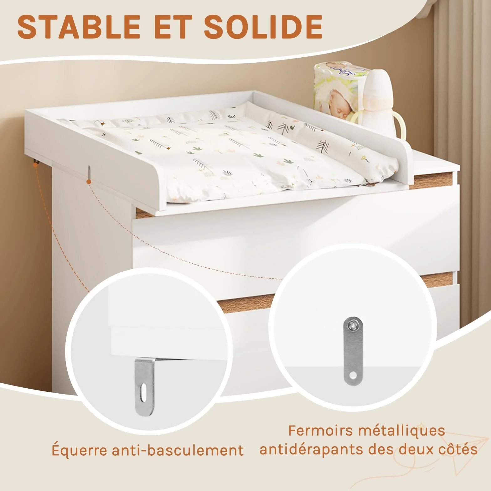 WOLTU Plan à Langer Universel en MDF Amovible avec Profondeur réglable 46,5–50 cm, pour Commode 60x80x10 cm, Blanc