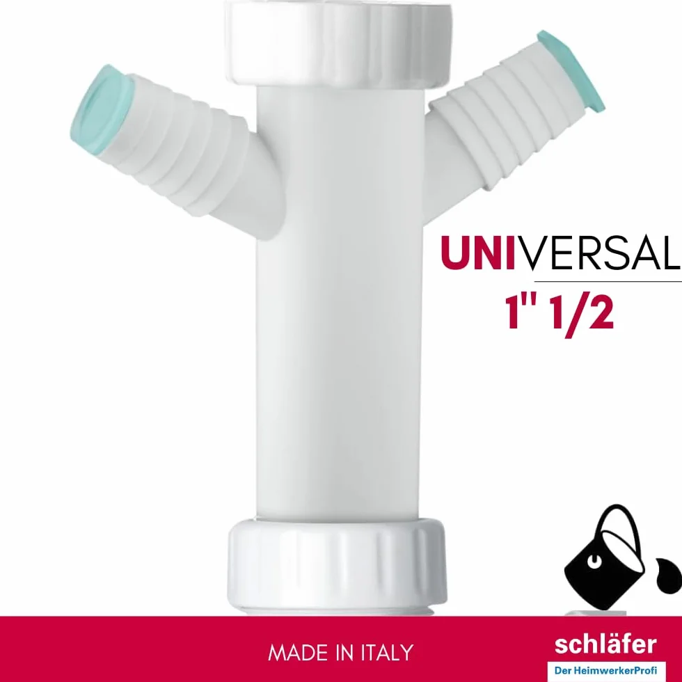 Siphon universel pour éviers 1"1/2 avec prise machine à laver vaisselle, diamètre 40 mm, réglable en hauteur, blanc