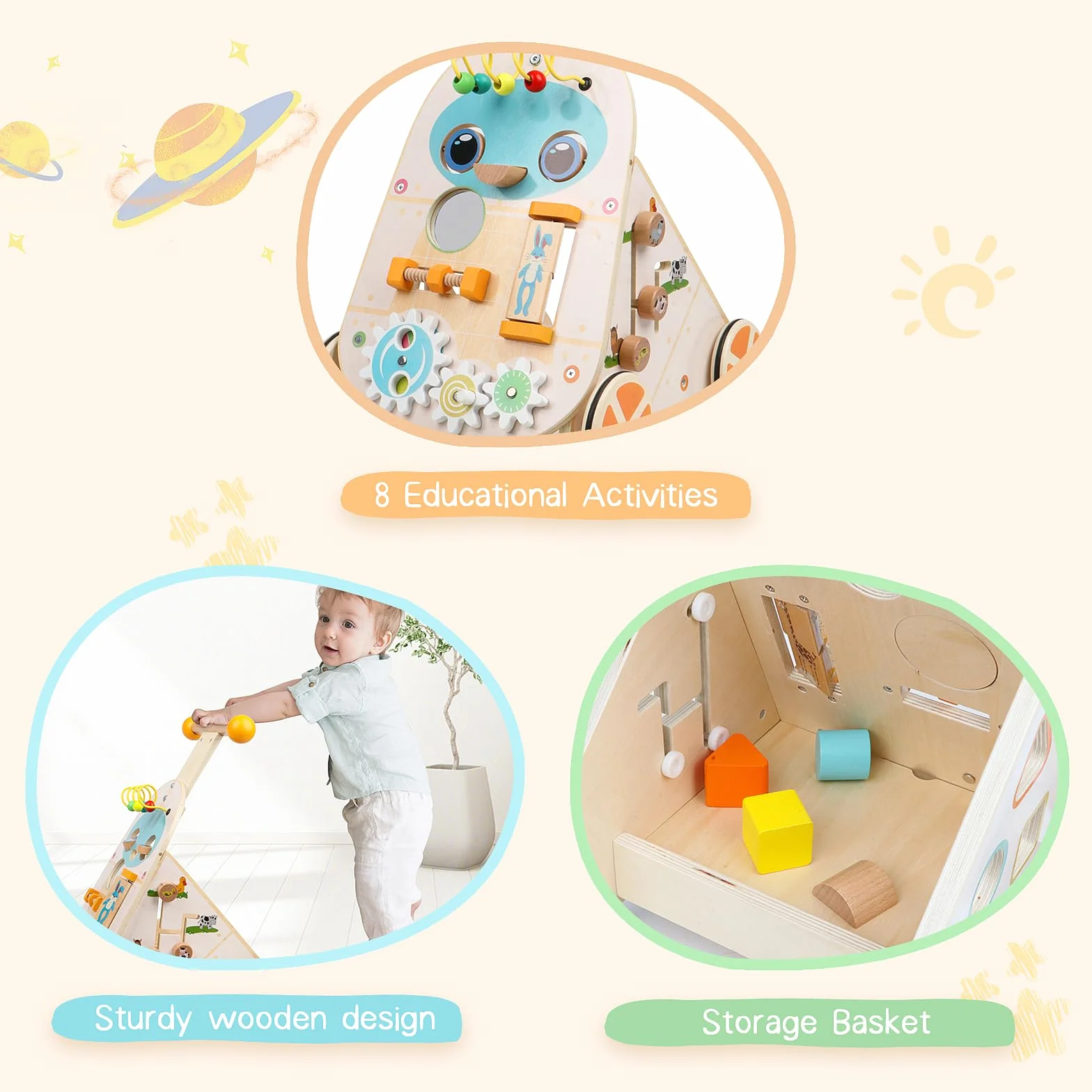 Jacootoys Activité Walker en Bois, Vitesse réglable Baby Push Walker pour garçons Filles 1 2 3 Ans
