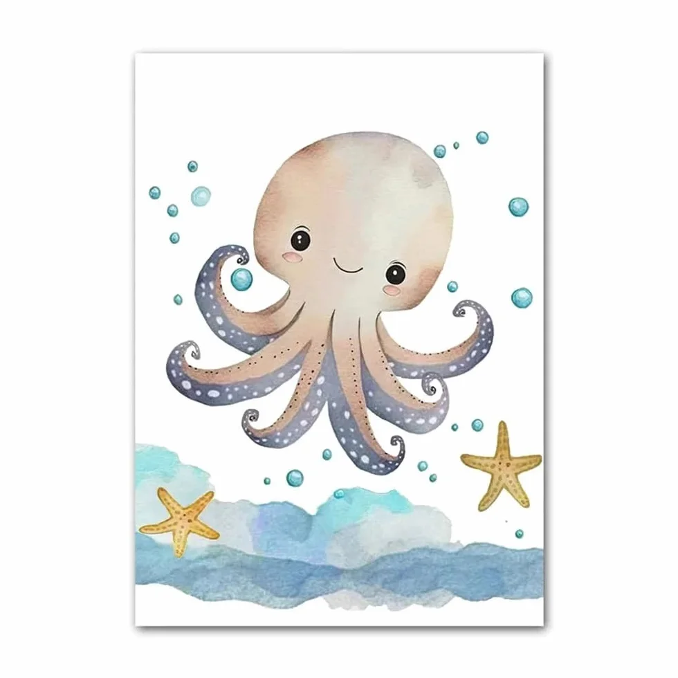 Affiche Theme Mer Enfant Tableau Animaux Marins Decoration Chambre Bleu Ocean Bebe Tortue Baleine Poisson Hipocampe Toile Poster