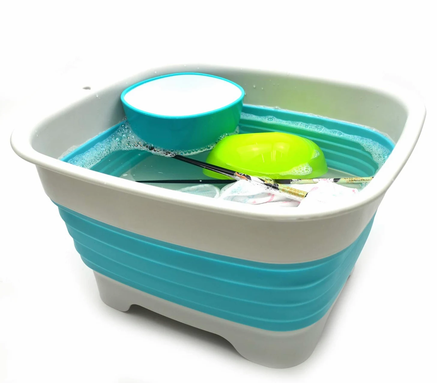 SAMMART Bassine à vaisselle pliable de 9,1 l, avec bouchon de vidange - Lavabo pliable - Bac de rangement de cuisine pour économiser de l’espace (Gris/Bleu vif)