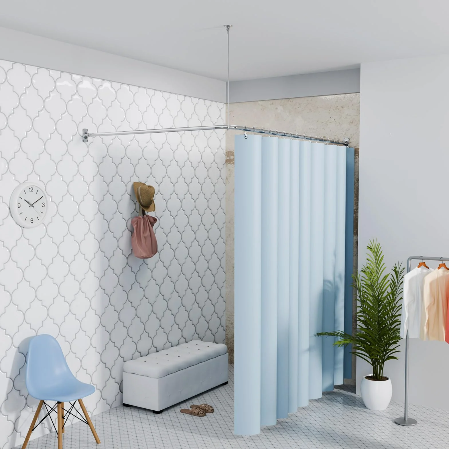 KULACO Barre de douche en forme de L, 100-120x100-190cm | barre de douche réglable en acier inoxydable SUS304, tringle pour rideau de douche de coin, avec 16 anneaux pour rideau