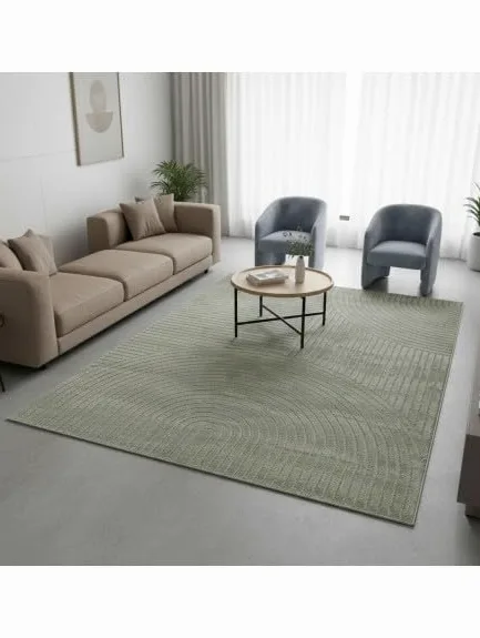 Tapis Moderne à Relief Graphique avec Texture sculptée et Lignes arrondies - Dimension 80x150 cm, Couleur Vert
