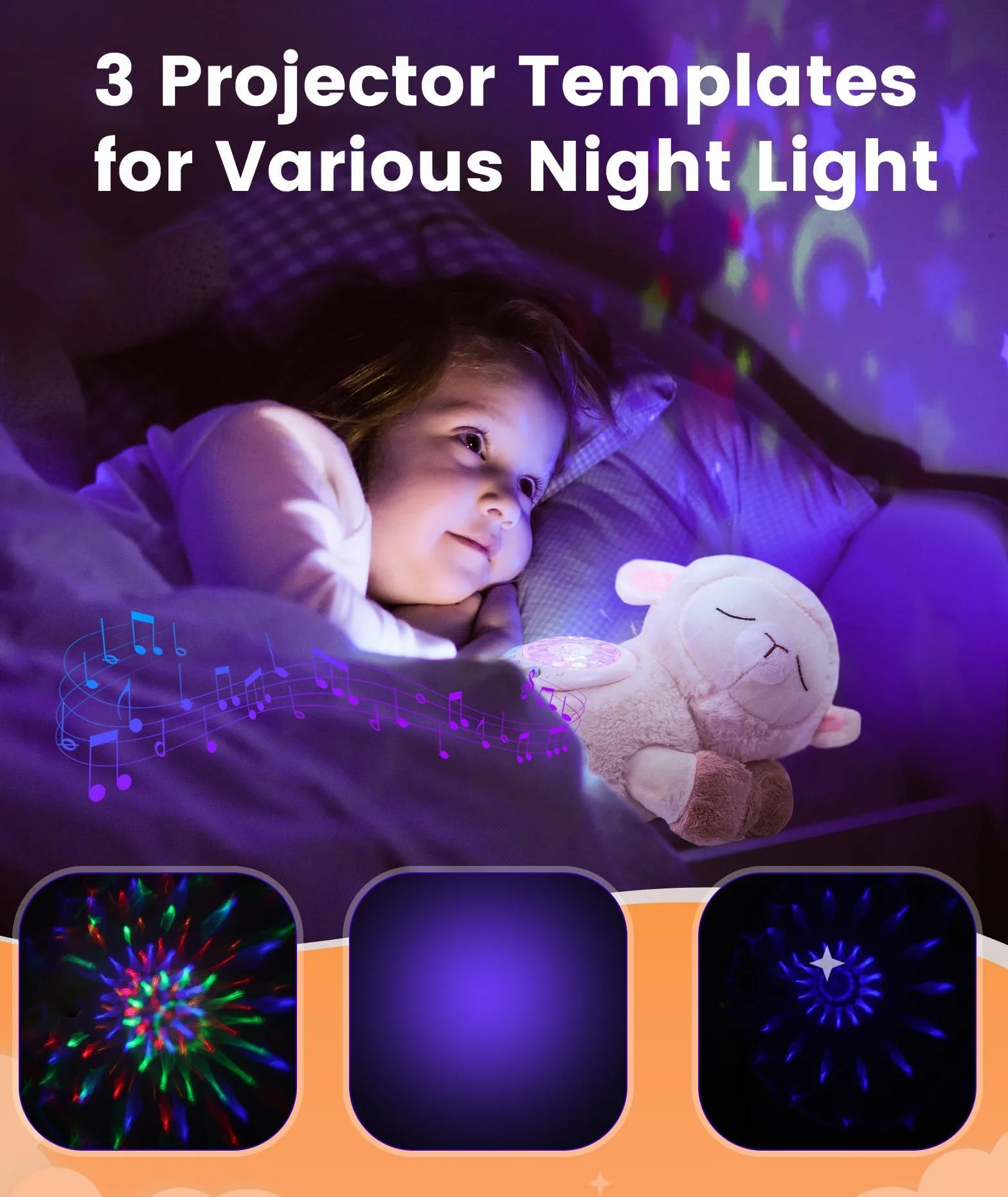 Dreamegg 3-en-1 Jouet Peluche Musical Mouton pour Bébé Sommeil, Veilleuse Bruit Blanc 7 Sons Apaisants, Projecteur Starlight 3 Modèles